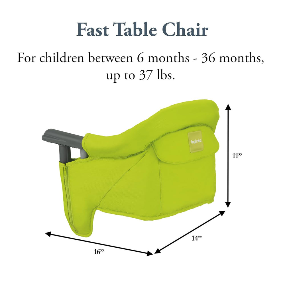 Inglesina Fast Table Chair Lime attached to a table up to three-and-a-half inches thick