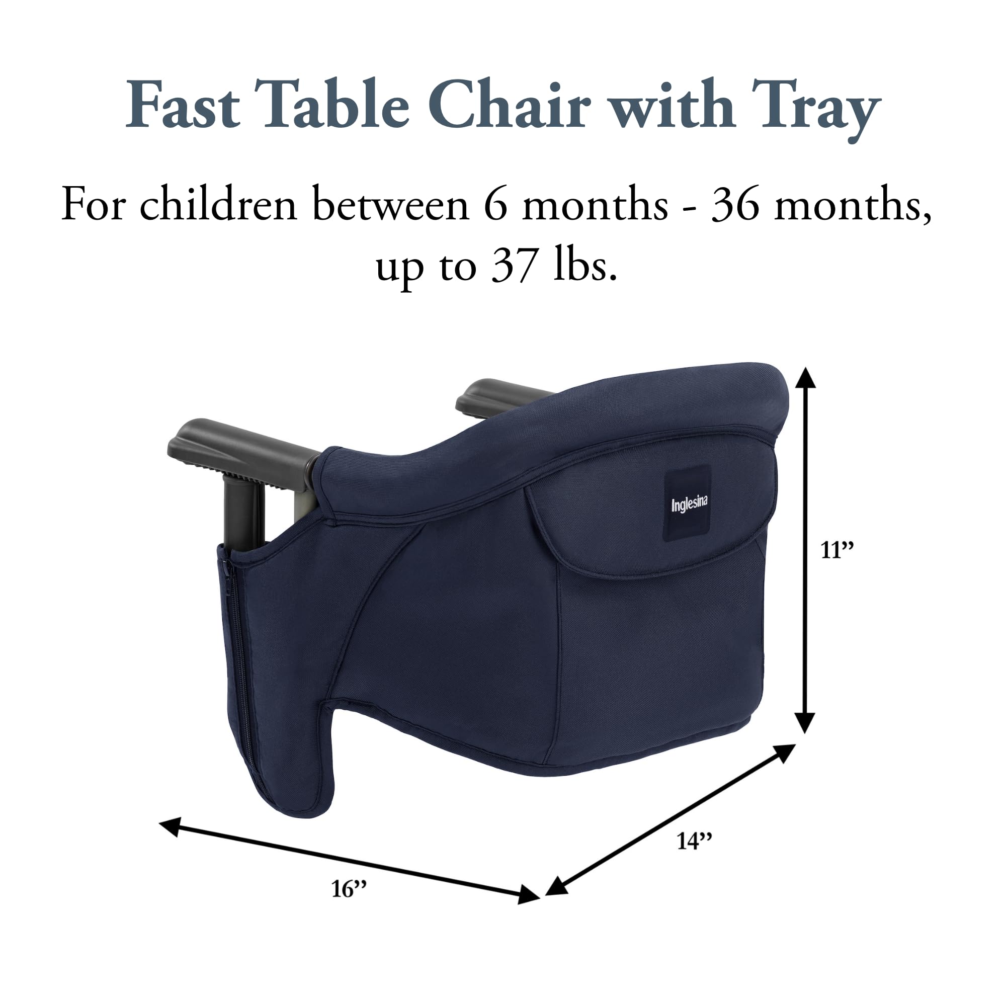 Inglesina Fast Table Chair navy with tray attached anchors meals at a feeding perch.