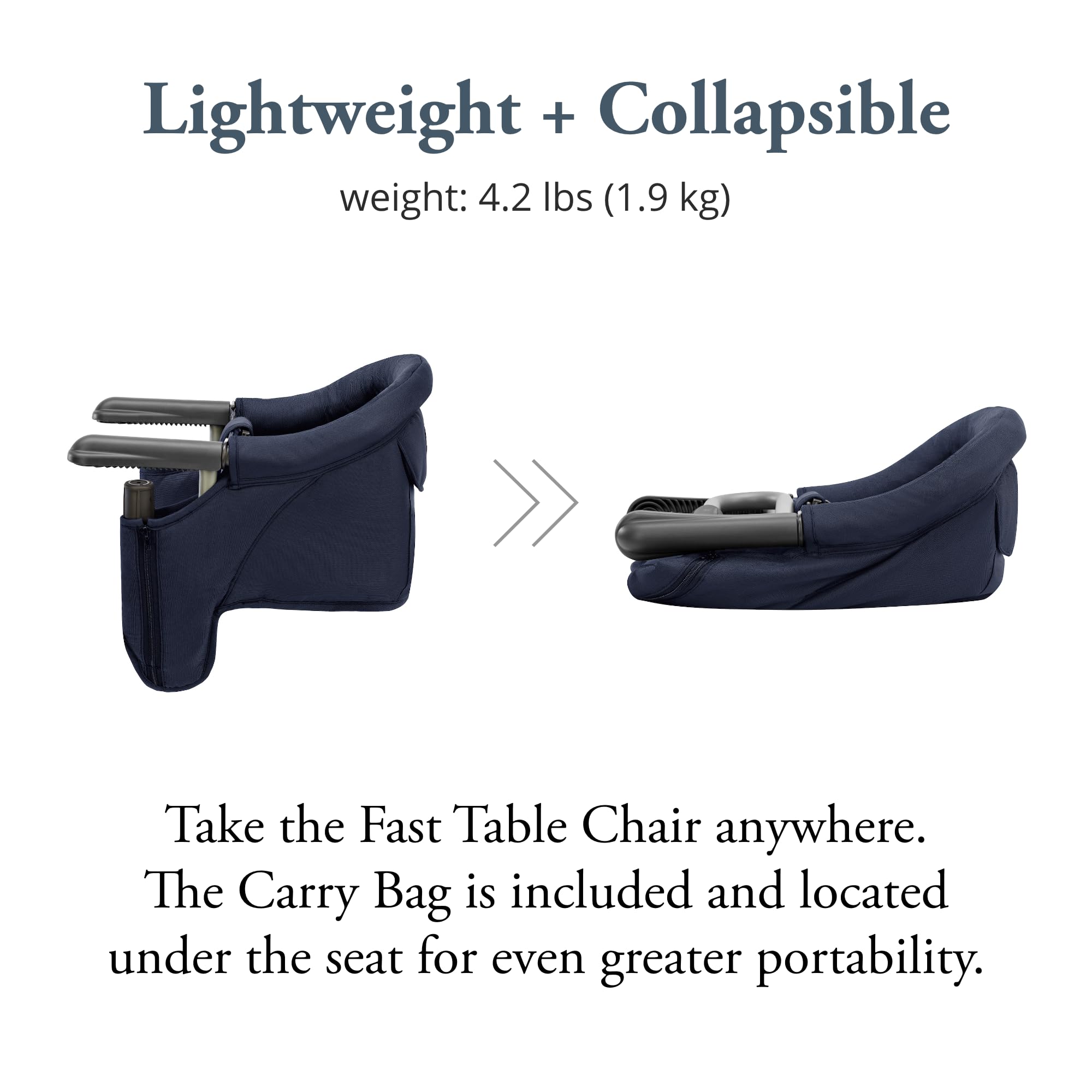 Inglesina Fast Table Chair navy high-backrest supports comfy dining for babies.