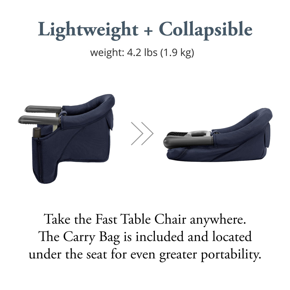 Inglesina Fast Table Chair navy high-backrest supports comfy dining for babies.