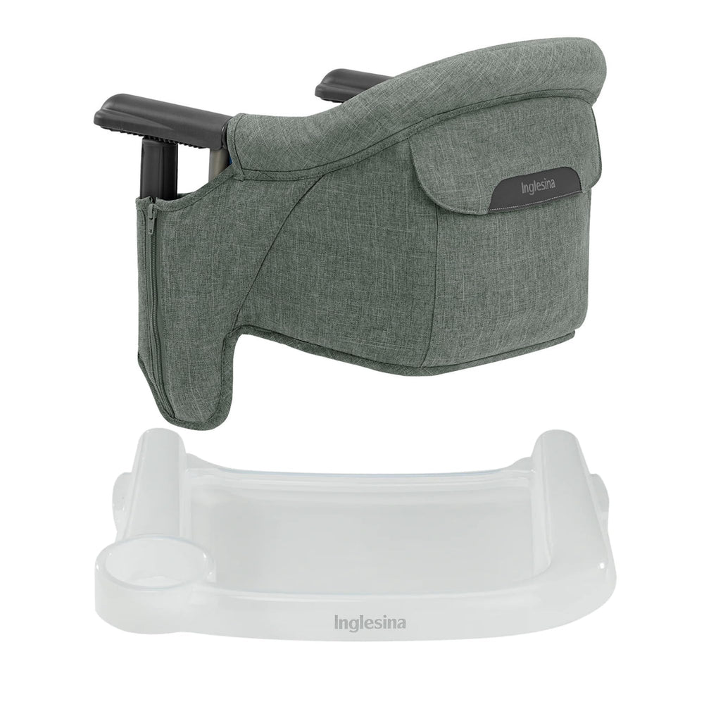 Inglesina Fast Table Chair Pine Green Melange setup showcases a compact high chair for meals on the go