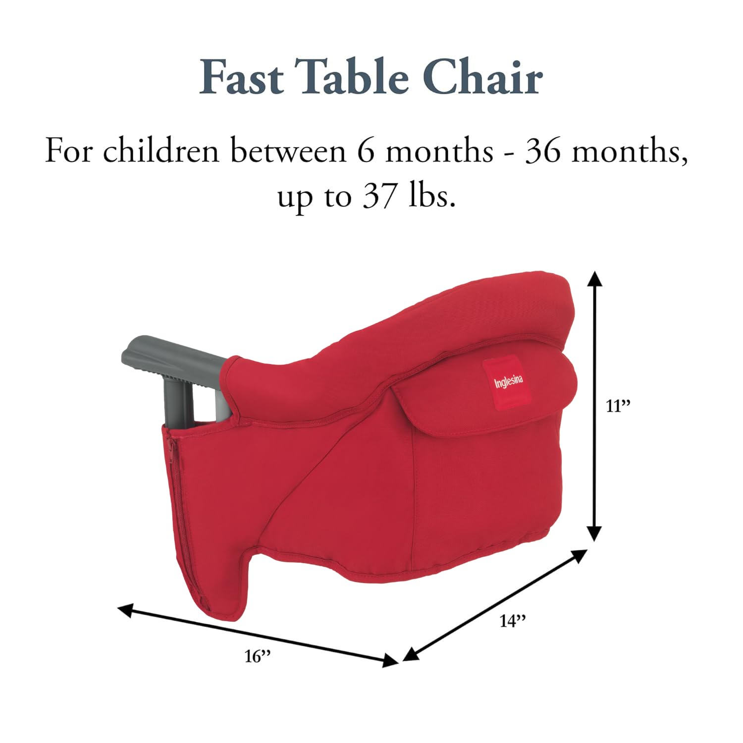 Inglesina Fast Table Chair red collapsible design fits most tables securely.