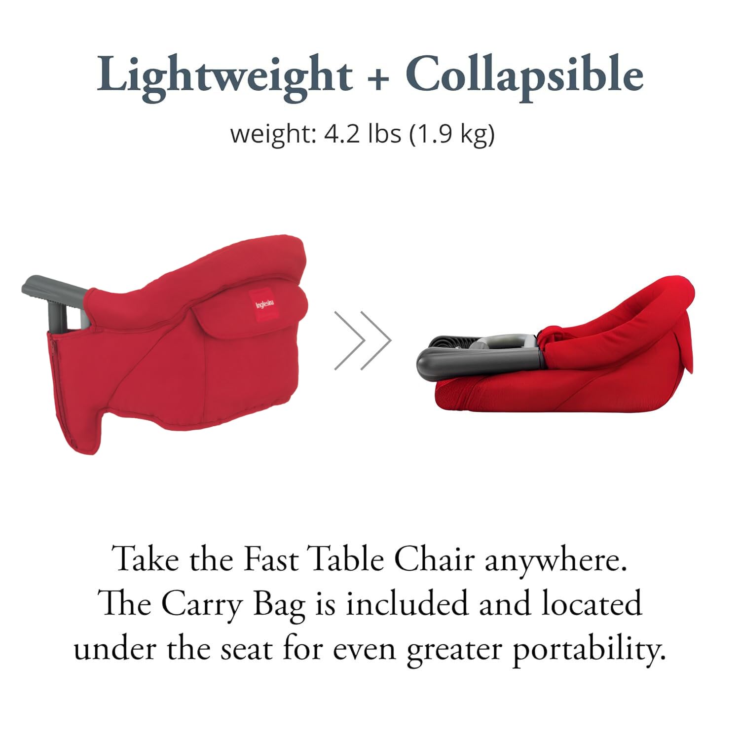 Inglesina Fast Table Chair red on-table view highlights high backrest for comfortable dining.