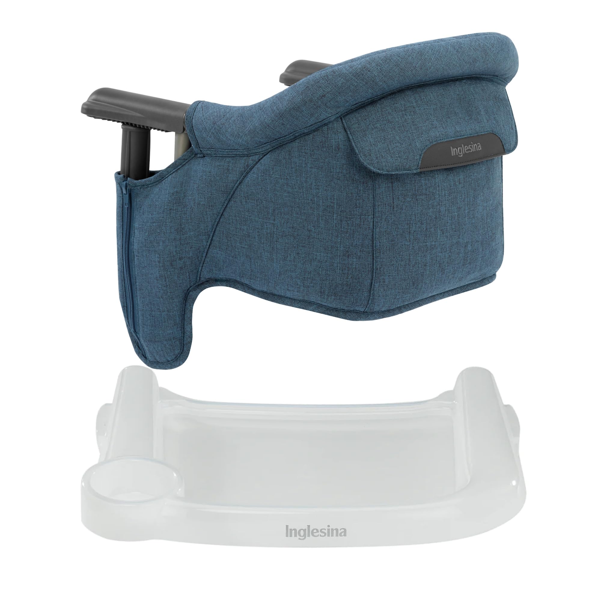 Inglesina Fast Table Chair slate blue melange folded compact for easy travel and storage.