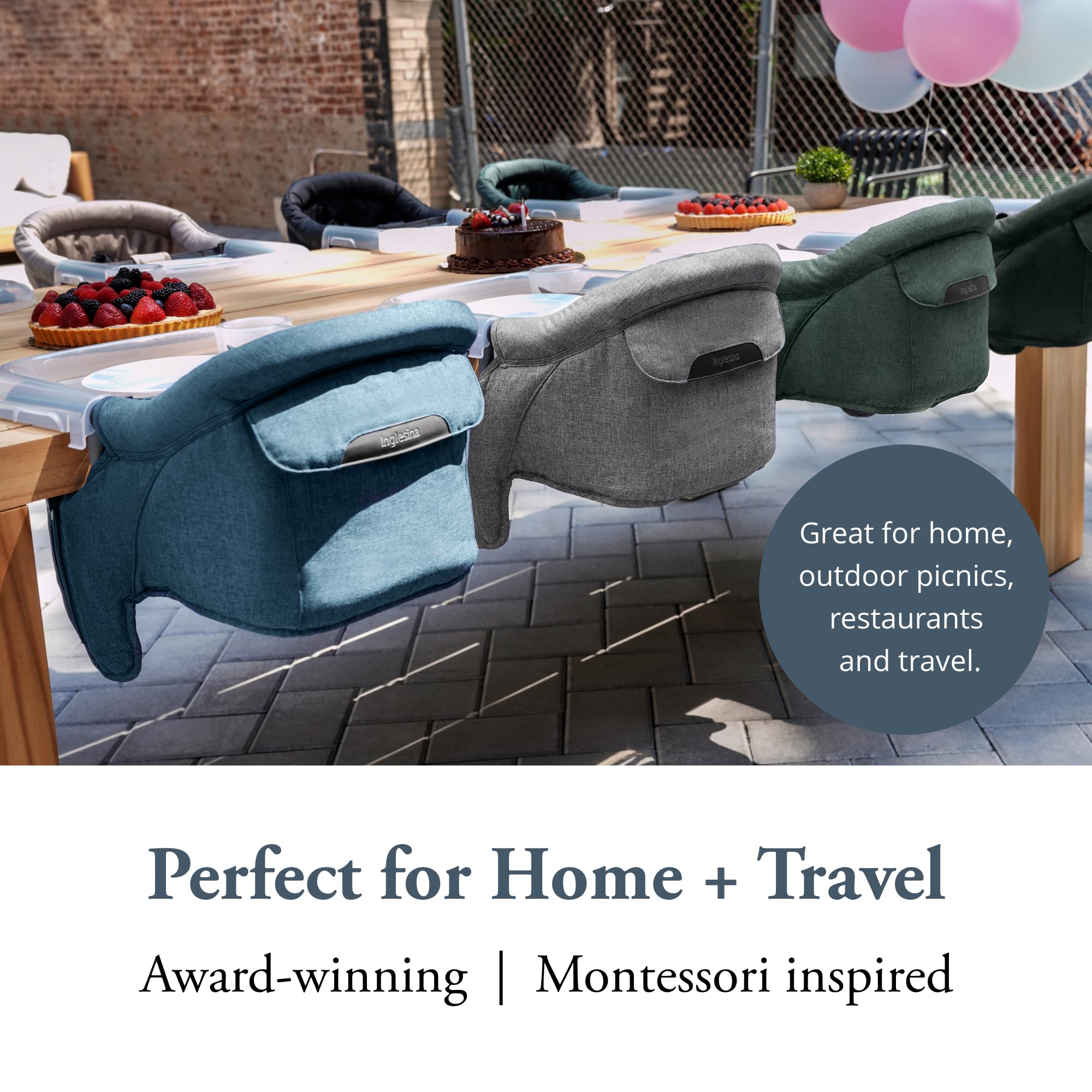 Inglesina Fast Table Chair storage pocket and washable cover simplify cleanup.
