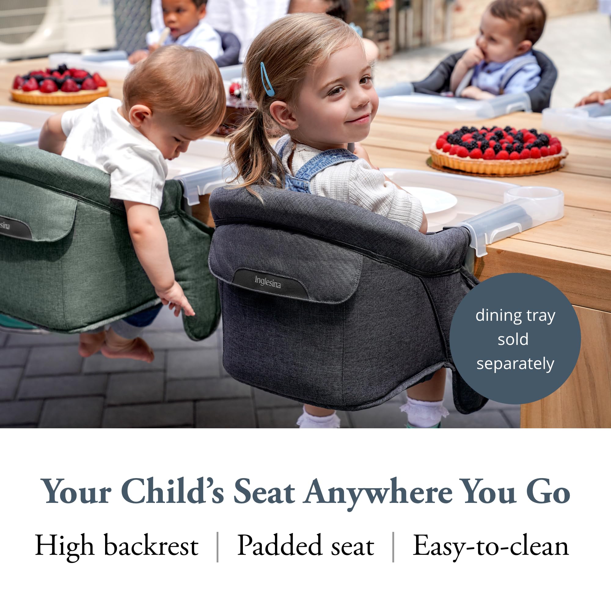 Inglesina Fast Table Chair attached to a thick table for stable family meals.