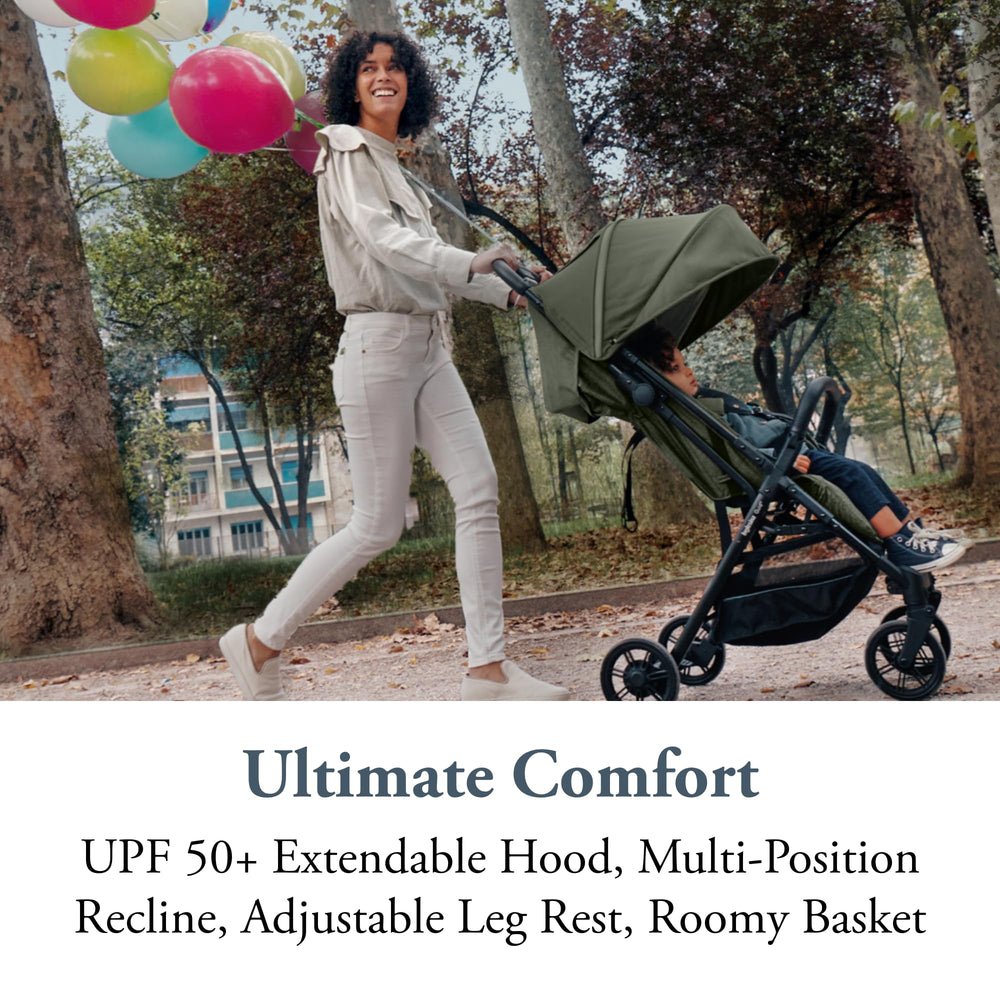 Inglesina Quid 2 Crocodile Green extendable UPF 50+ canopy protects from sun.