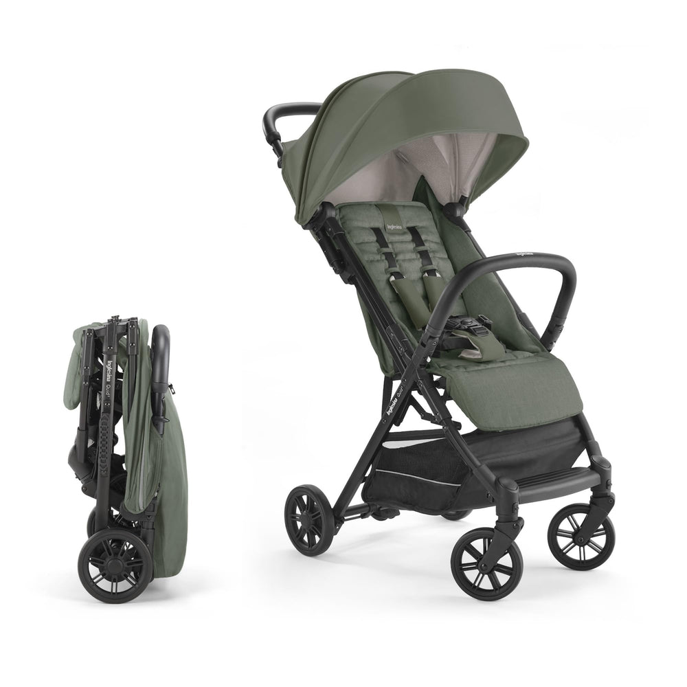 Inglesina Quid 2 Crocodile Green folded stroller for travel convenience.
