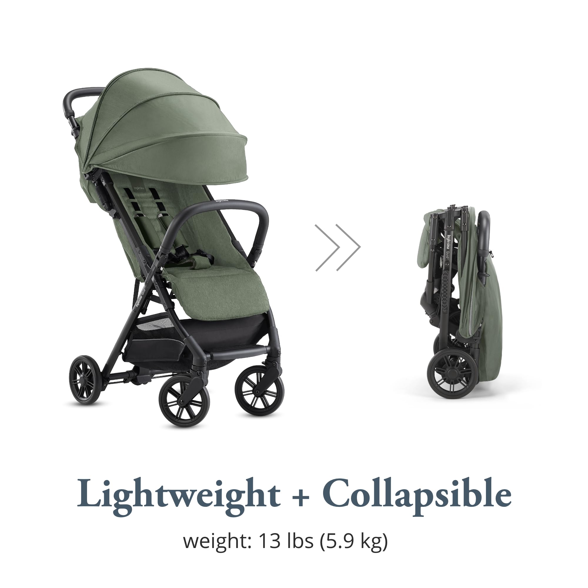 Inglesina Quid 2 Crocodile Green reclining seat supports naps on the go.