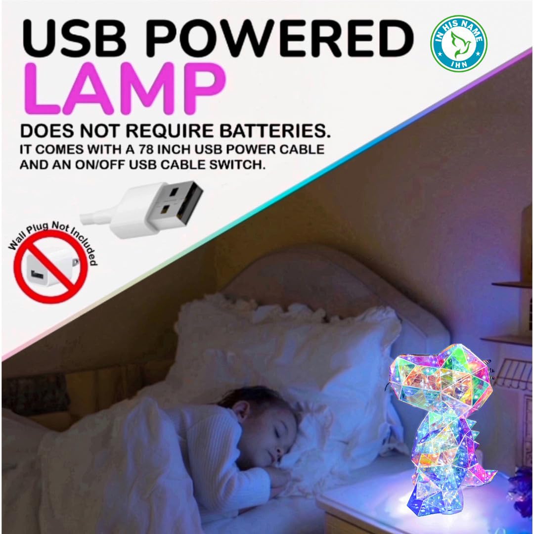 In His Name LED dinosaur night light beside a bed setup