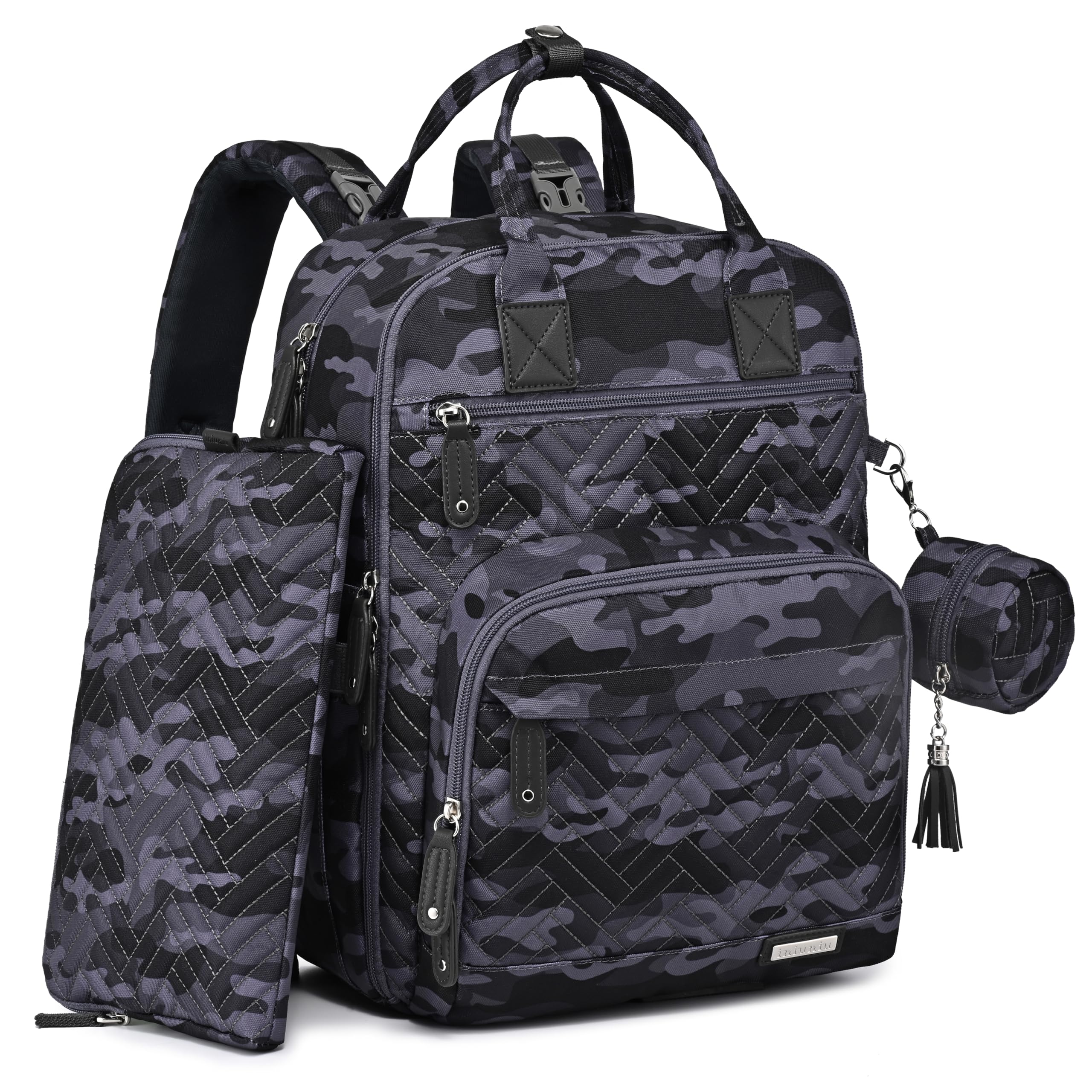 iniuniu diaper bag backpack camo front view shows stylish, travel-ready organization.