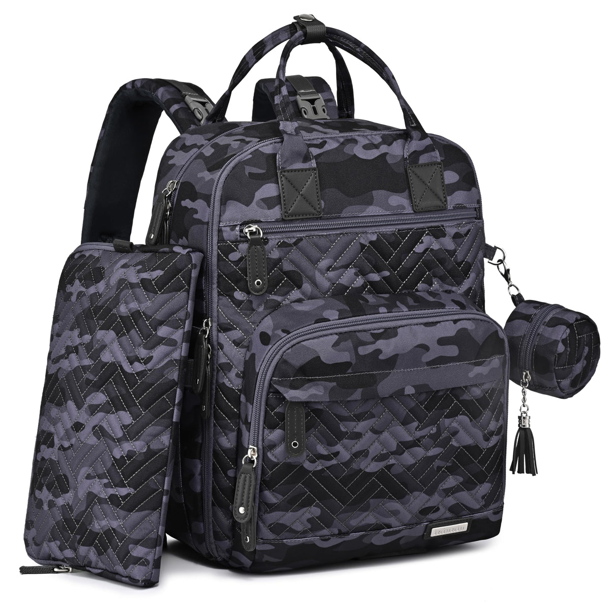 iniuniu diaper bag backpack camo front view shows stylish, travel-ready organization.
