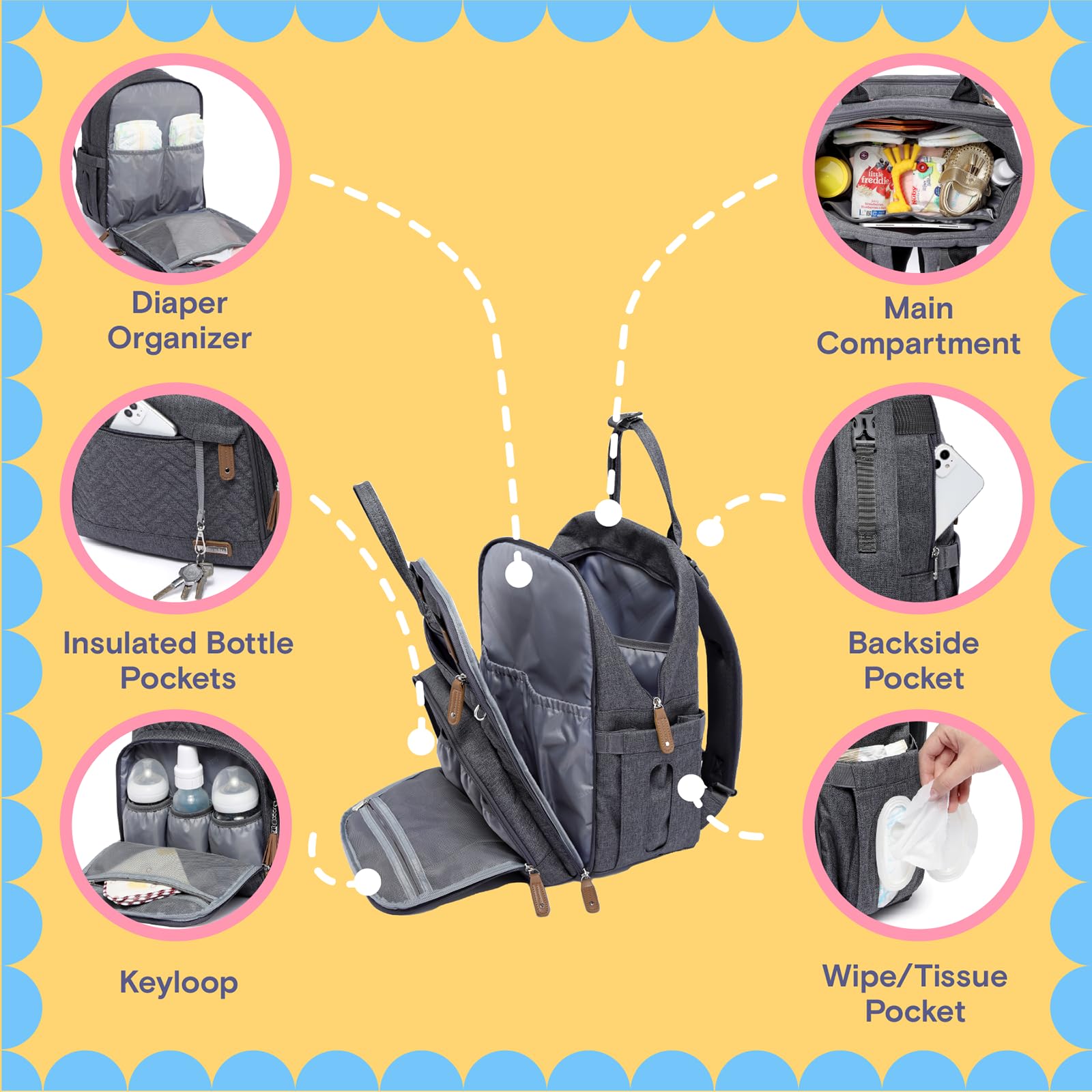 iniuniu diaper bag backpack front pocket stores quick-access items for busy parents.