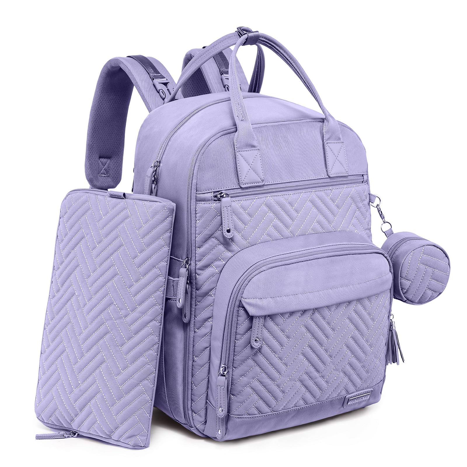 Iniuniu diaper bag backpack taro purple with wide-opening main compartment for easy packing.