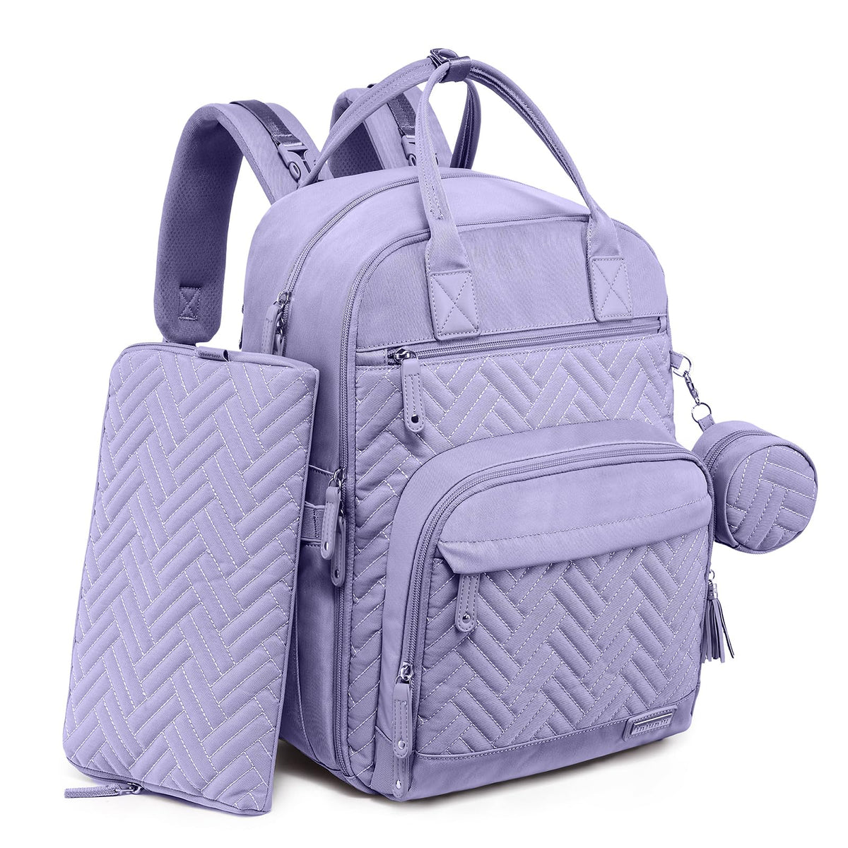Iniuniu diaper bag backpack taro purple with wide-opening main compartment for easy packing.