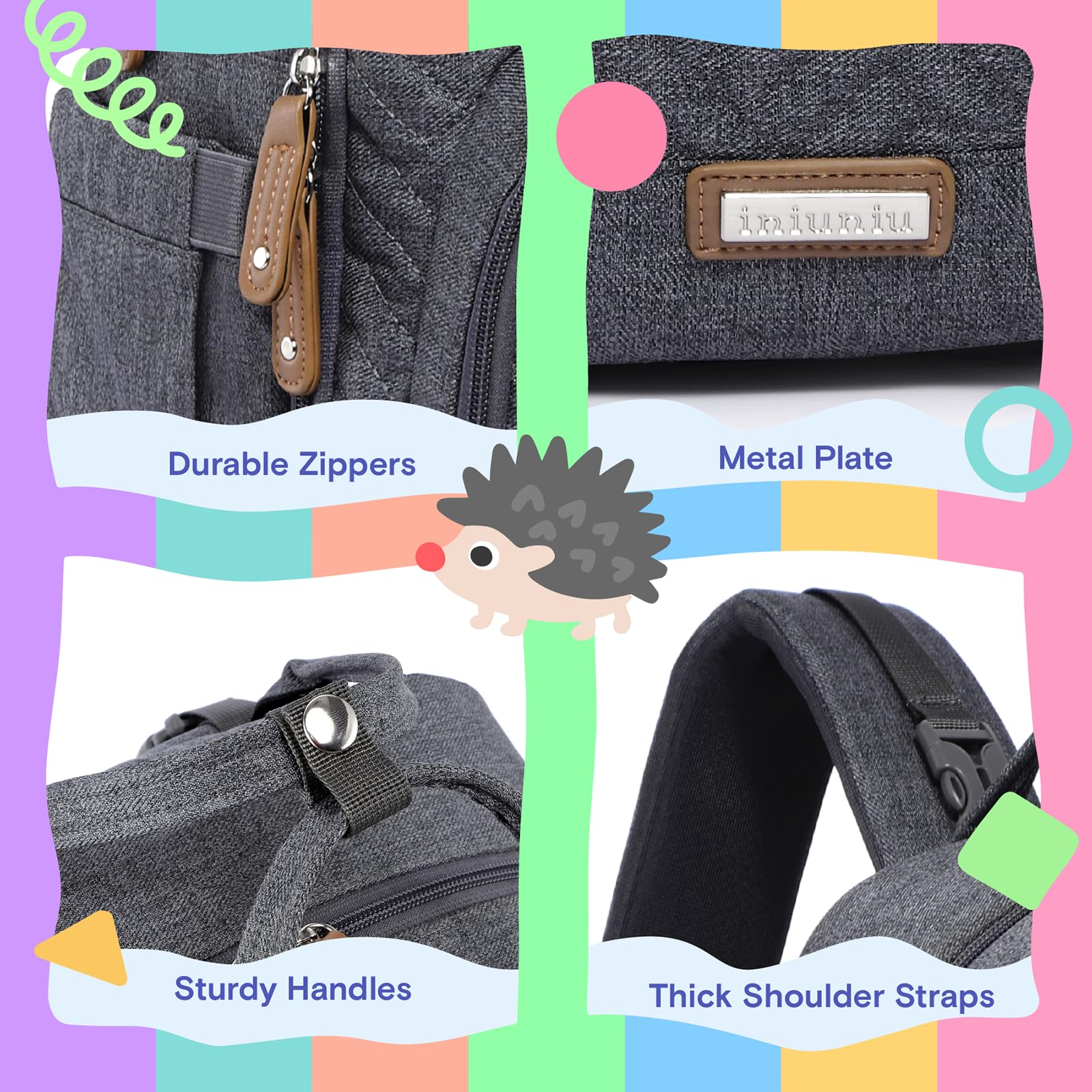 iniuniu diaper bag backpack washable changing pad highlights easy-clean surfaces after messy changes.