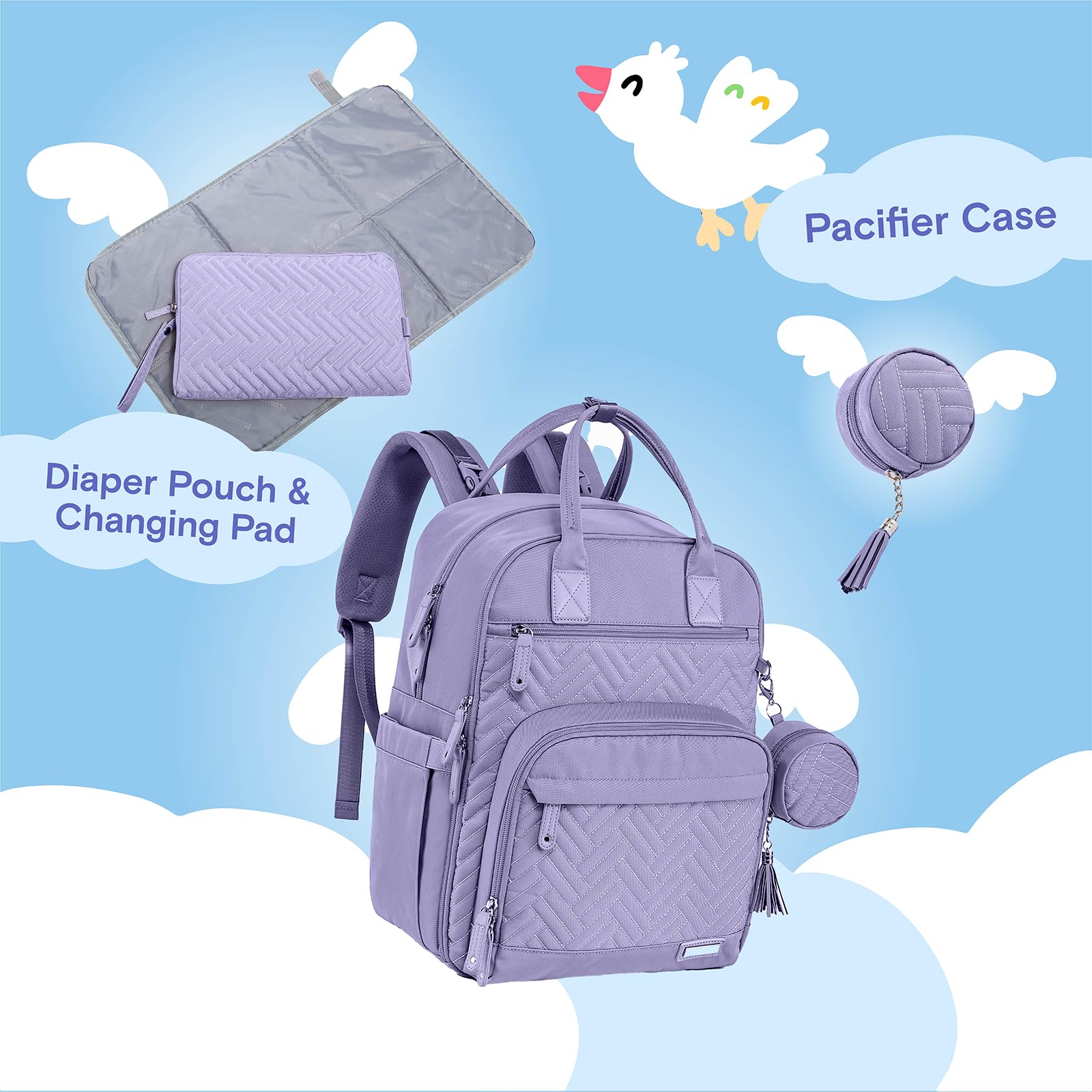 Iniuniu diaper bag pocket layout highlights 18 pockets for organized baby gear.