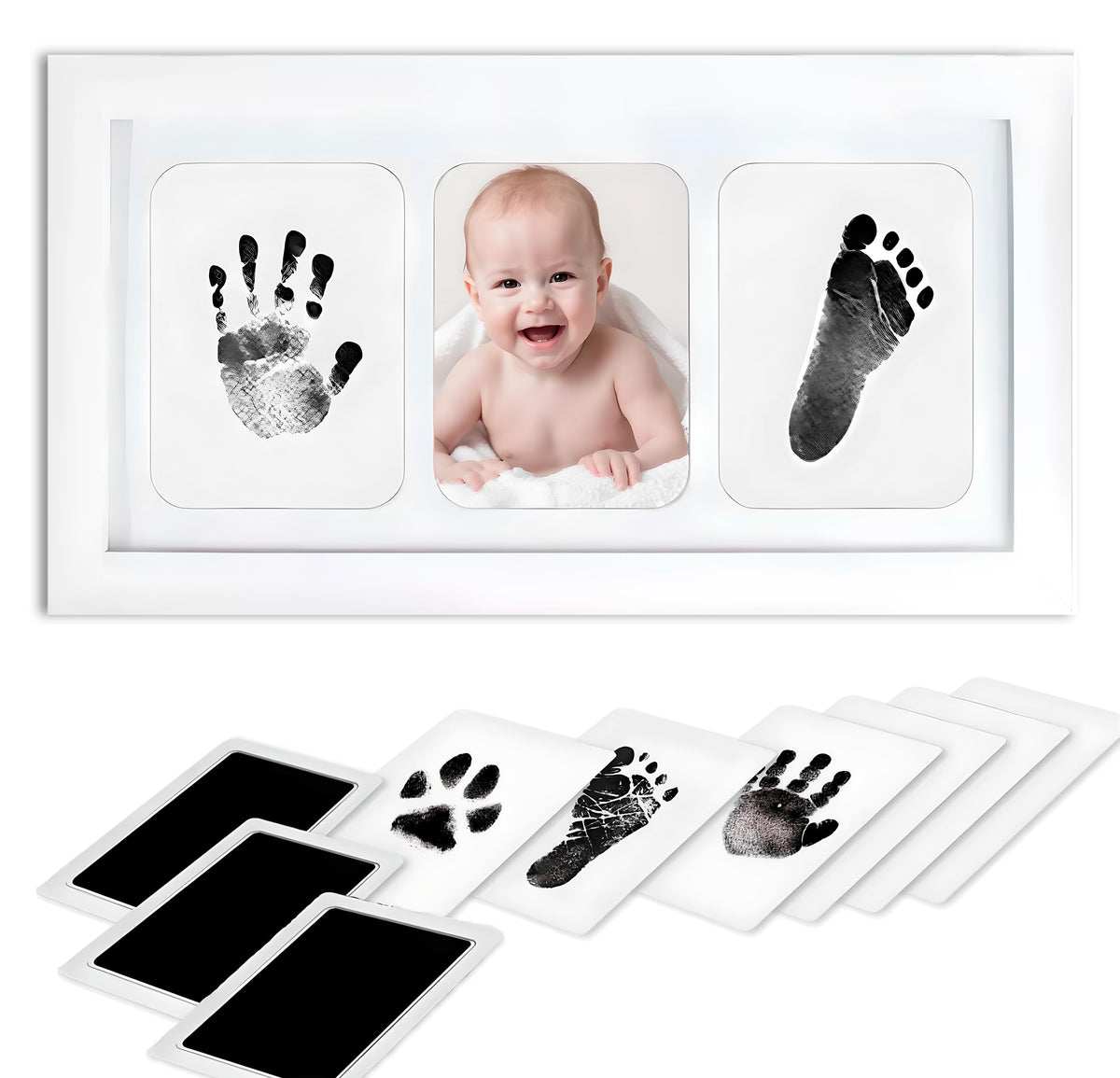 Inkless baby hand-footprint-kit frame display preserves memories in a stylish nursery.