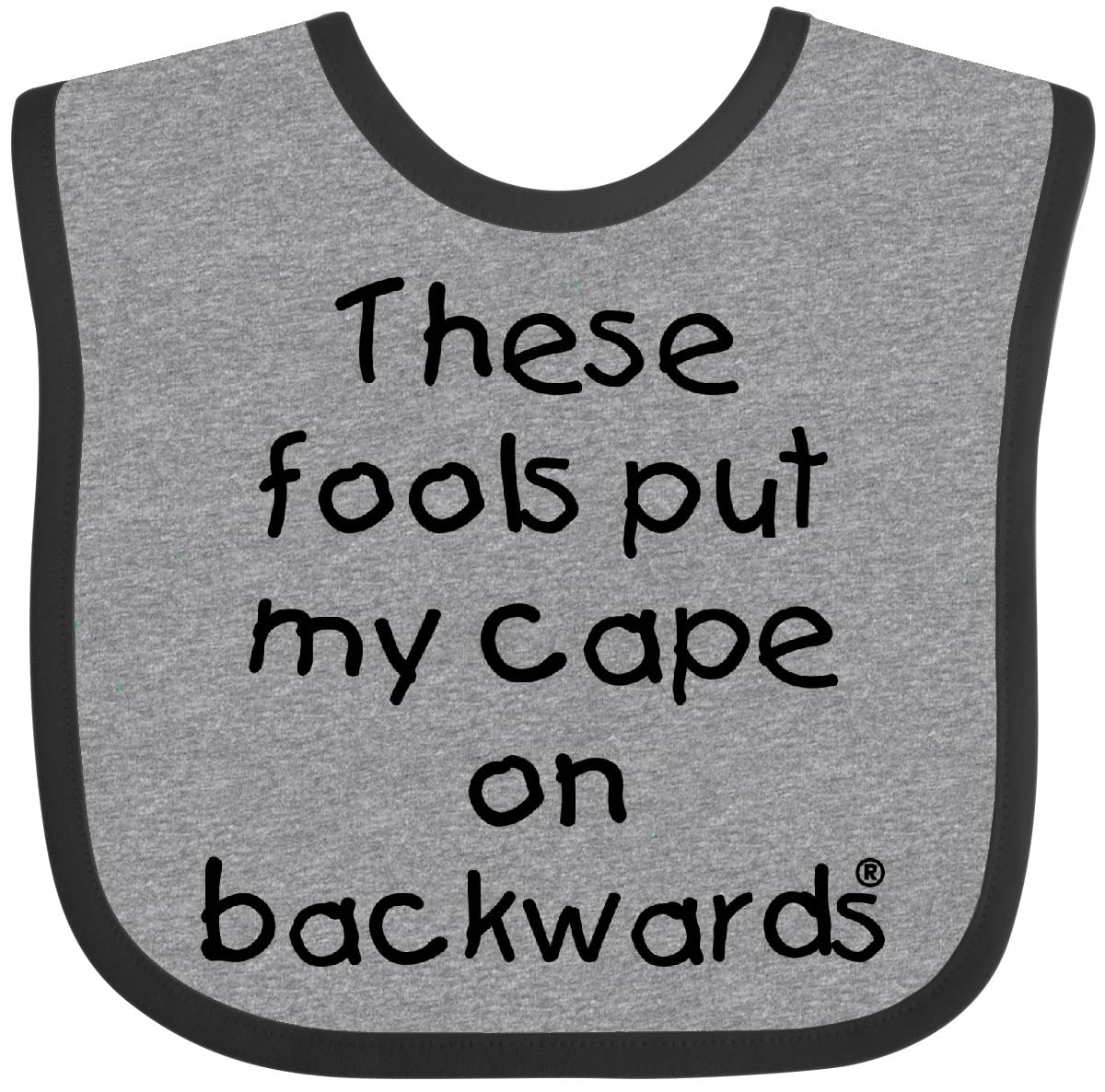 inktastic cape-on-backwards baby bib in heather and black shows durable comfort for mealtime