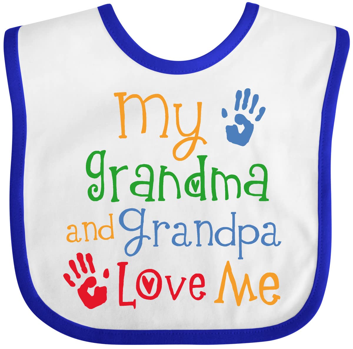 Inktastic My Grandma and Grandpa Love Me Baby Bib front view shows vibrant handprint design for meals.
