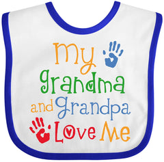Inktastic My Grandma and Grandpa Love Me Baby Bib front view shows vibrant handprint design for meals.