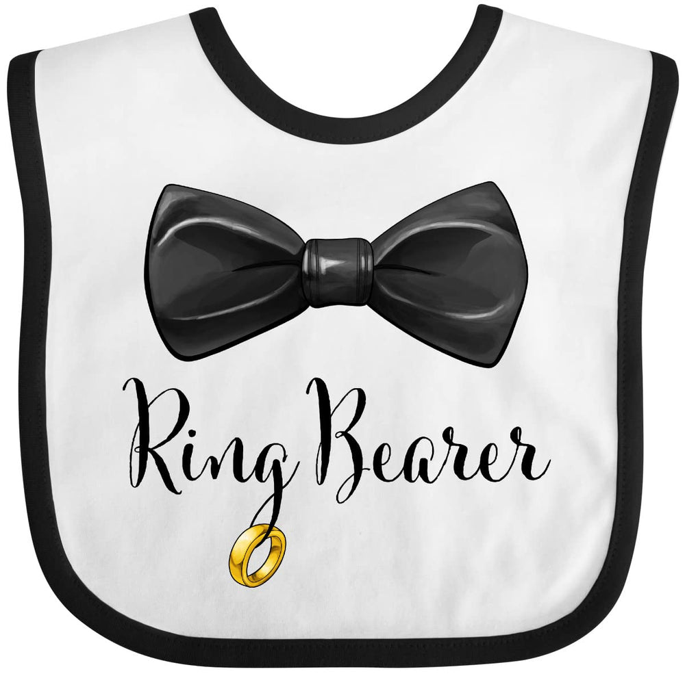 inktastic Ring Bearer bib with black bow tie on white and black fabric for wedding photos