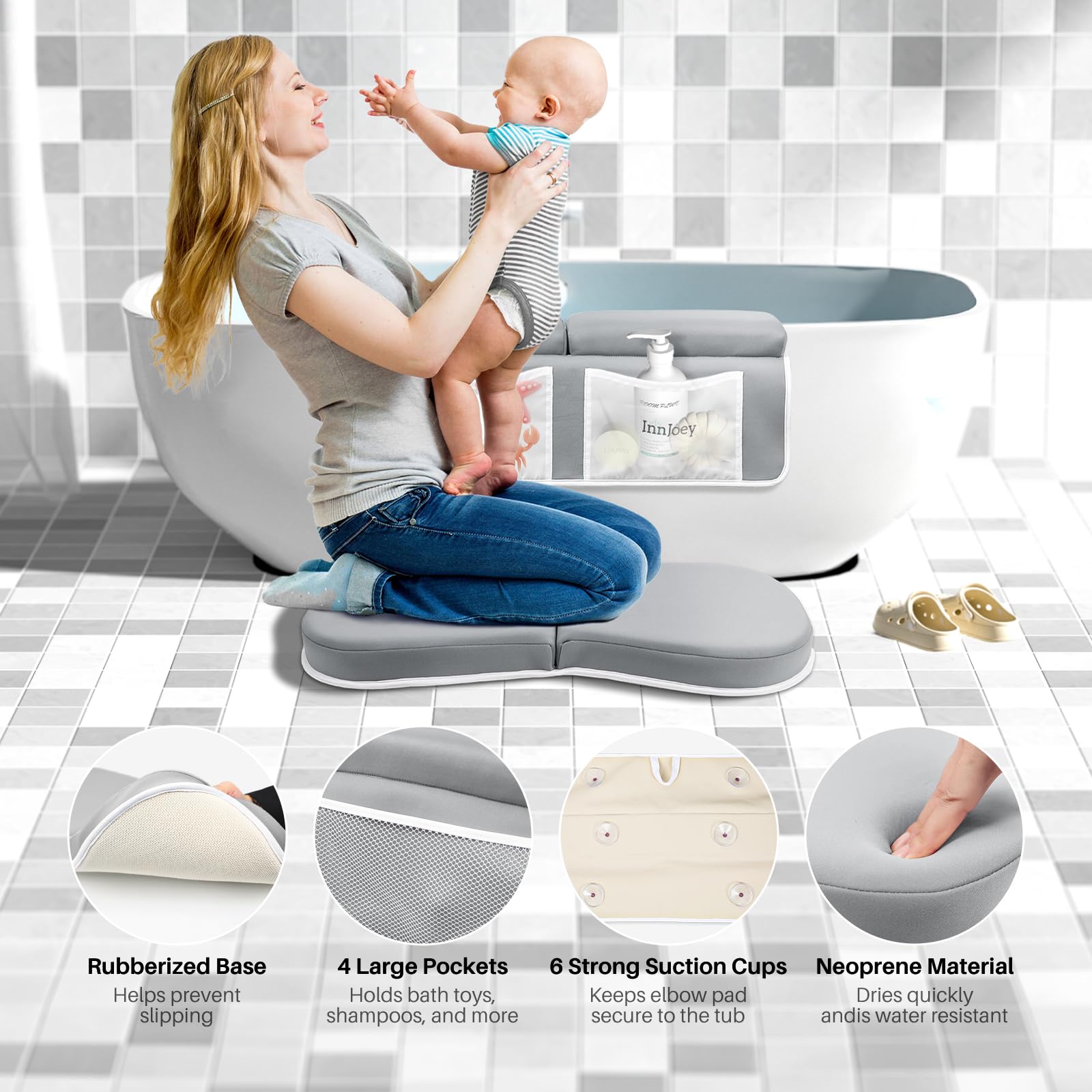 InnJoey elbow pad set suction cups stay stable on tub surfaces.