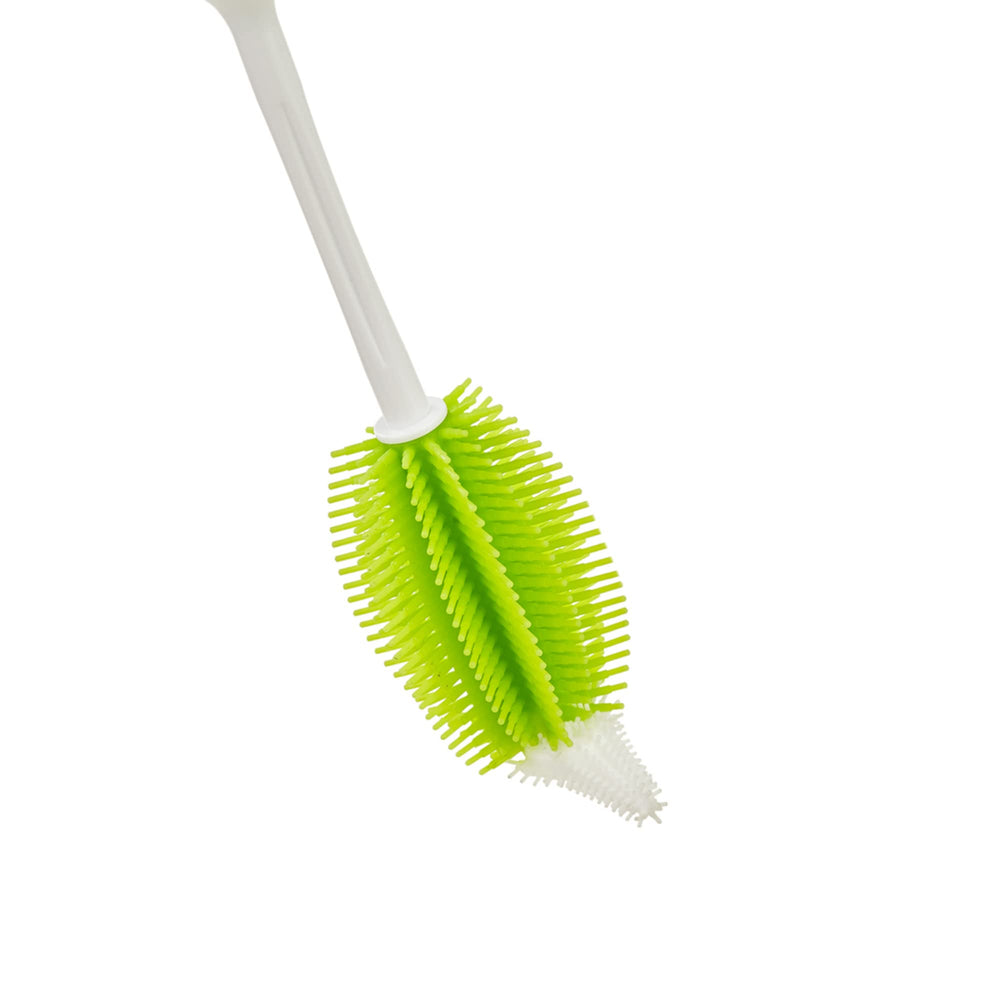 Innobaby 2-in-1 brush is dishwasher safe for quick, hygienic cleanup.