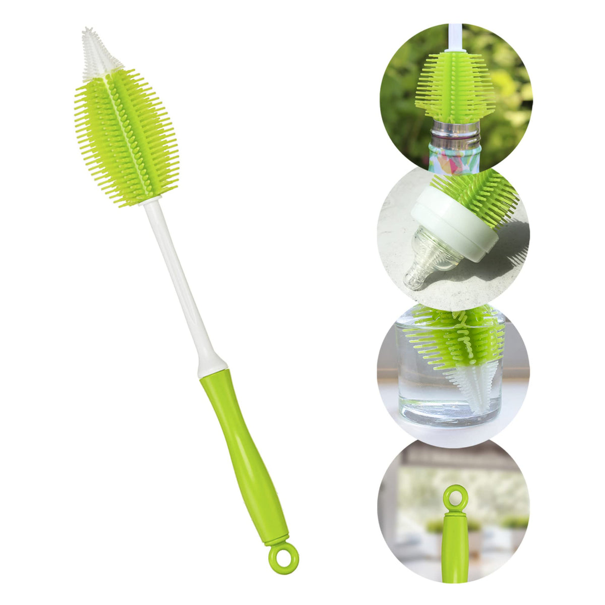 Innobaby 2-in-1 silicone bottle brush angled-tip reaches narrow bottle corners for easy cleaning.