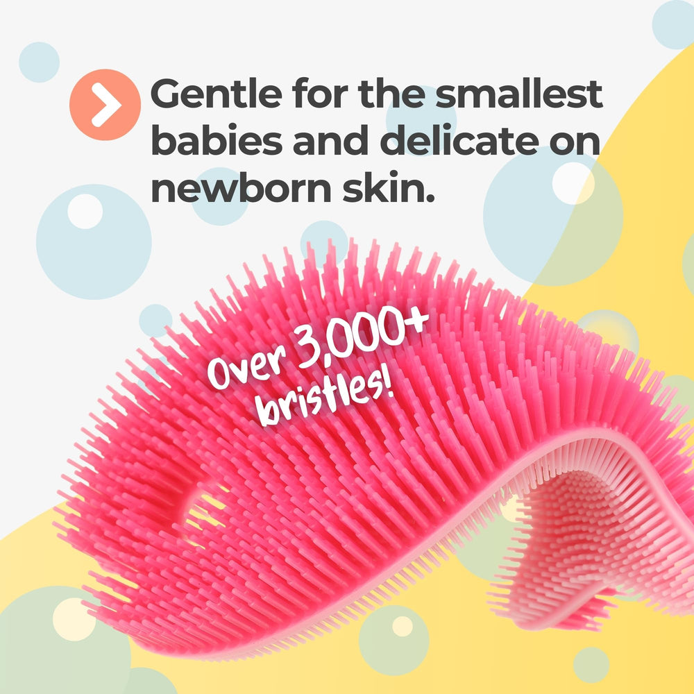 Innobaby Bathin' Smart silicone fish pink closeup texture shows soft bristles for delicate skin.