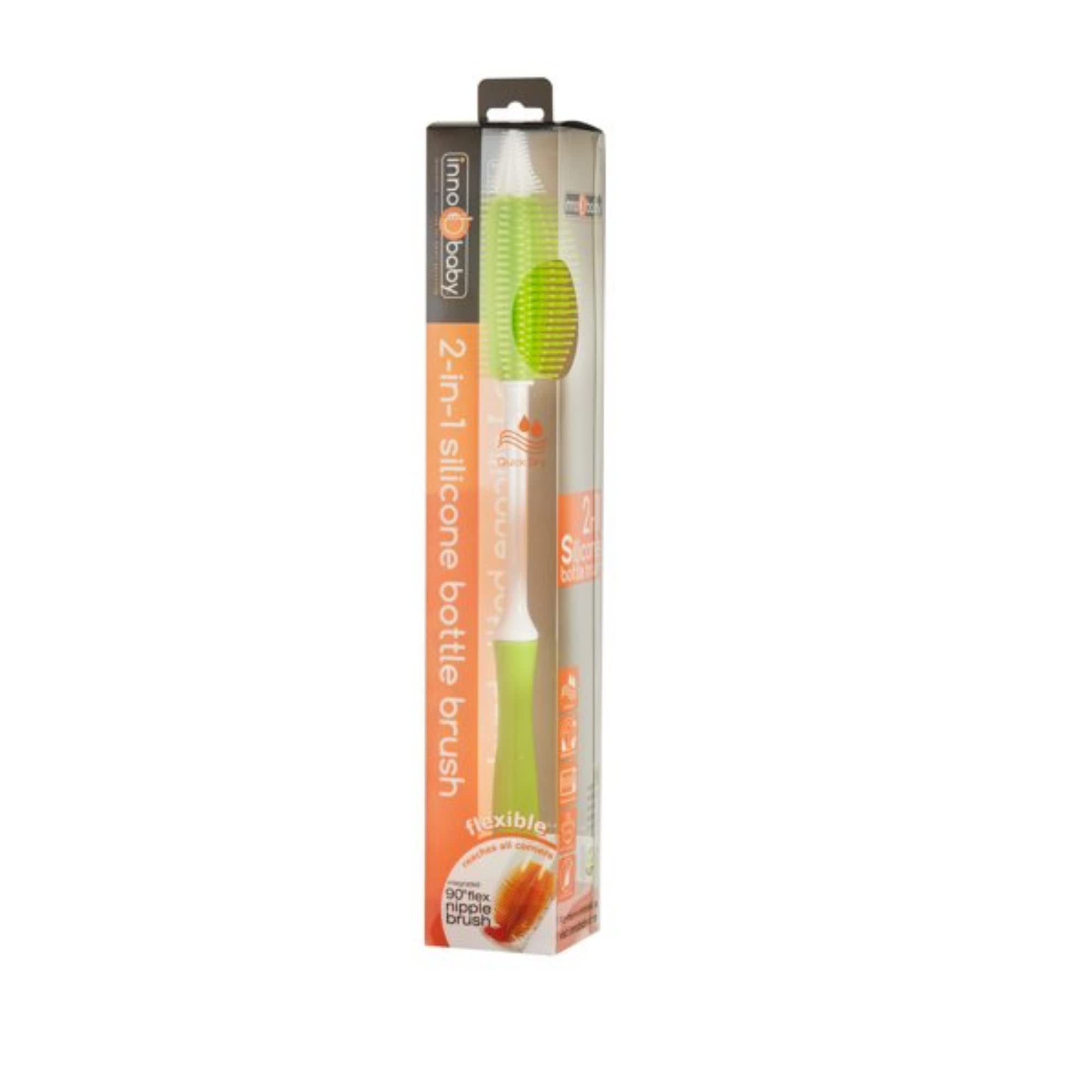 Innobaby-green 2-in-1 bottle brush supports easy cleaning routines.