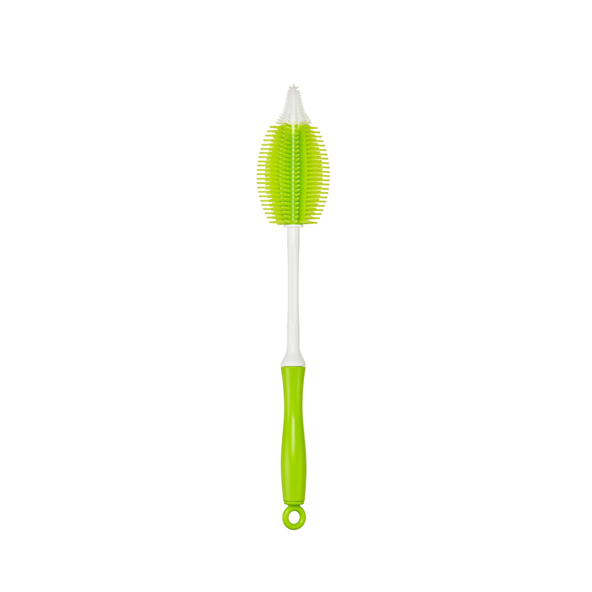 Innobaby silicone bottle brush with integrated nipple brush for thorough nipple cleaning.