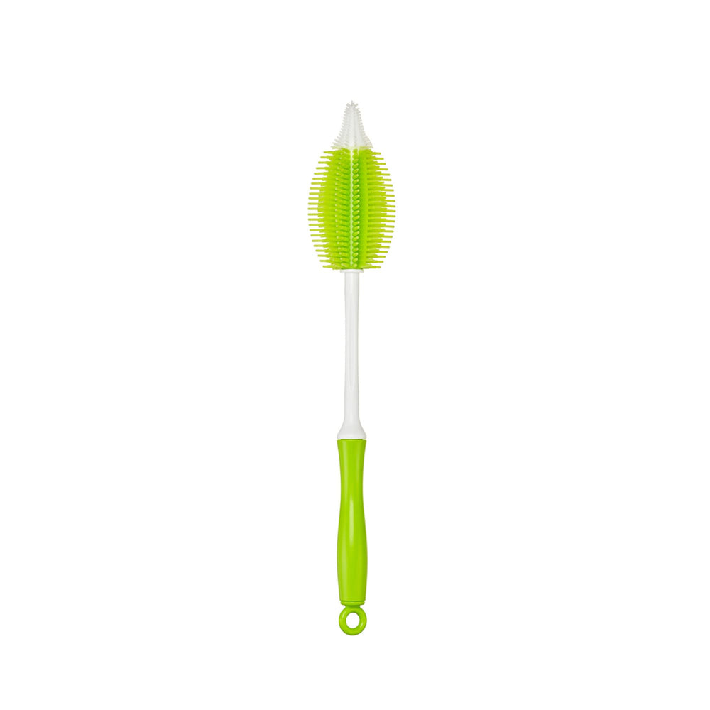 Innobaby silicone bottle brush with integrated nipple brush for thorough nipple cleaning.