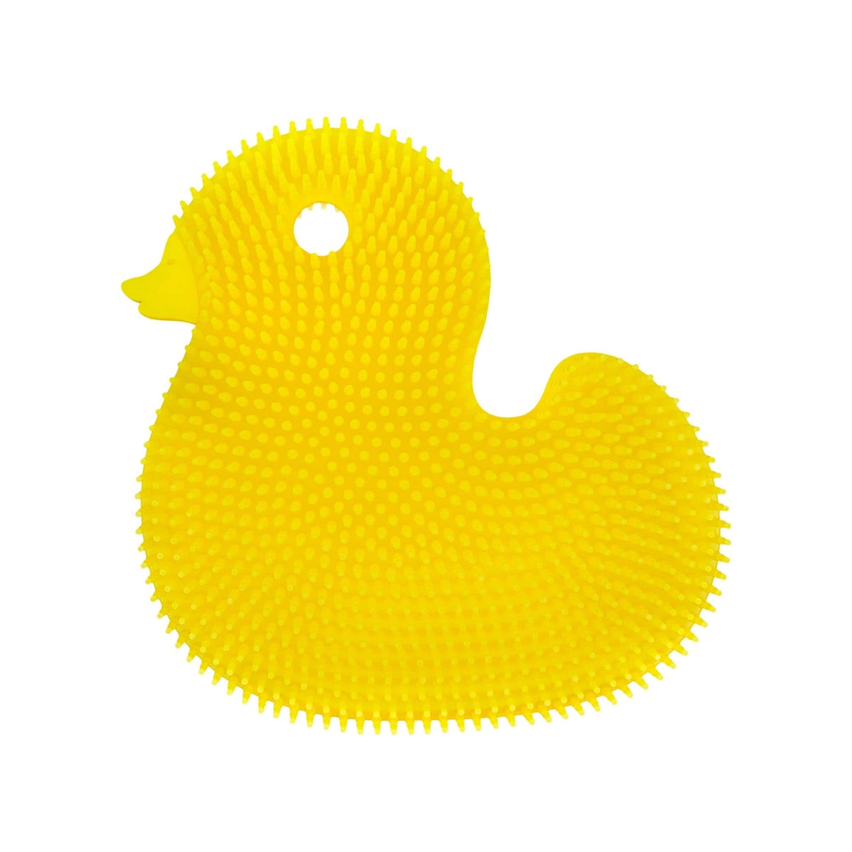 Innobaby Silicone Duck Scrub bath-time yellow duck close-up shows soft bristles for gentle cleansing.