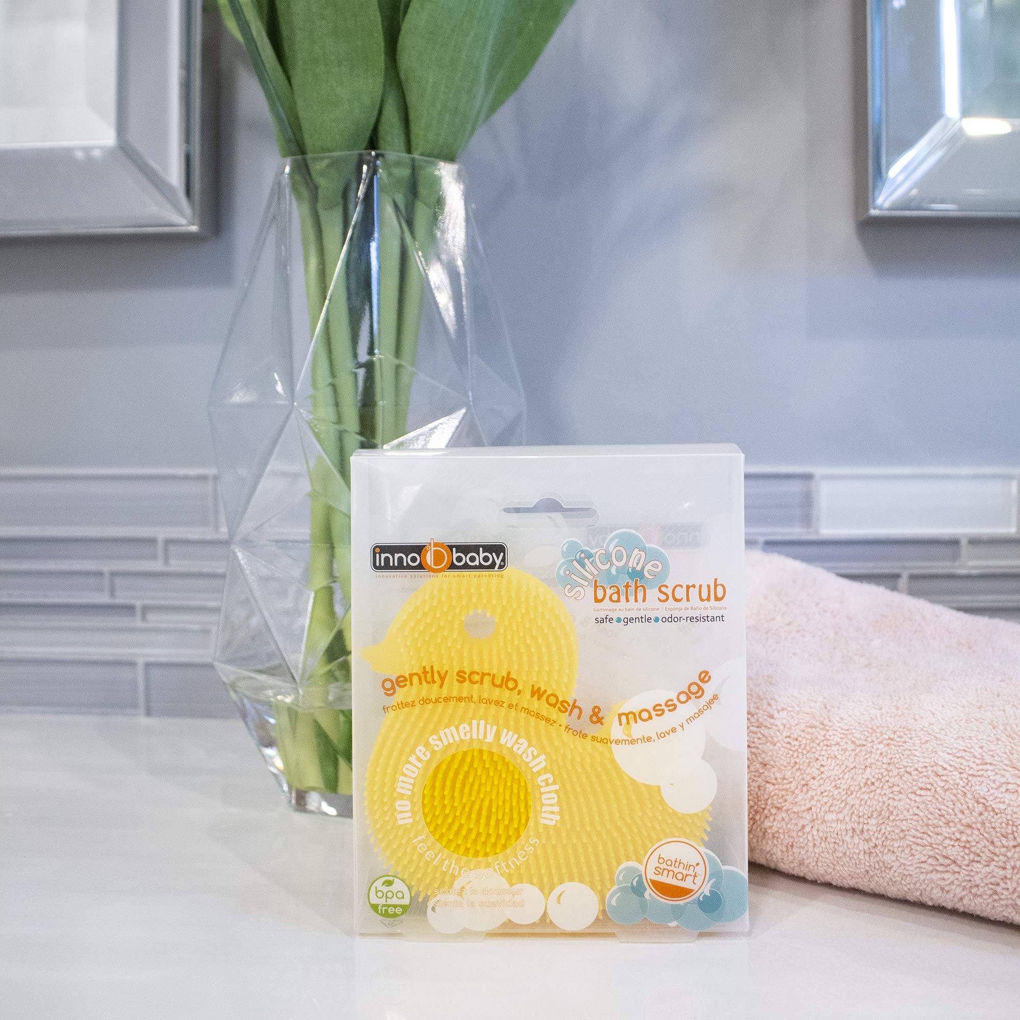 Innobaby Silicone Duck Scrub creates soothing lather from thousands of bristles.