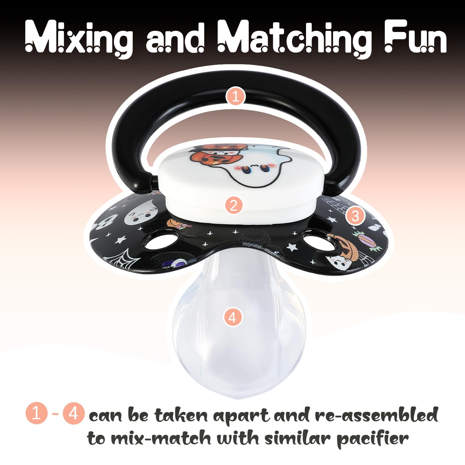 InnocenceIsle Halloween-themed pacifier with ghosts, pumpkins, and candy accents.