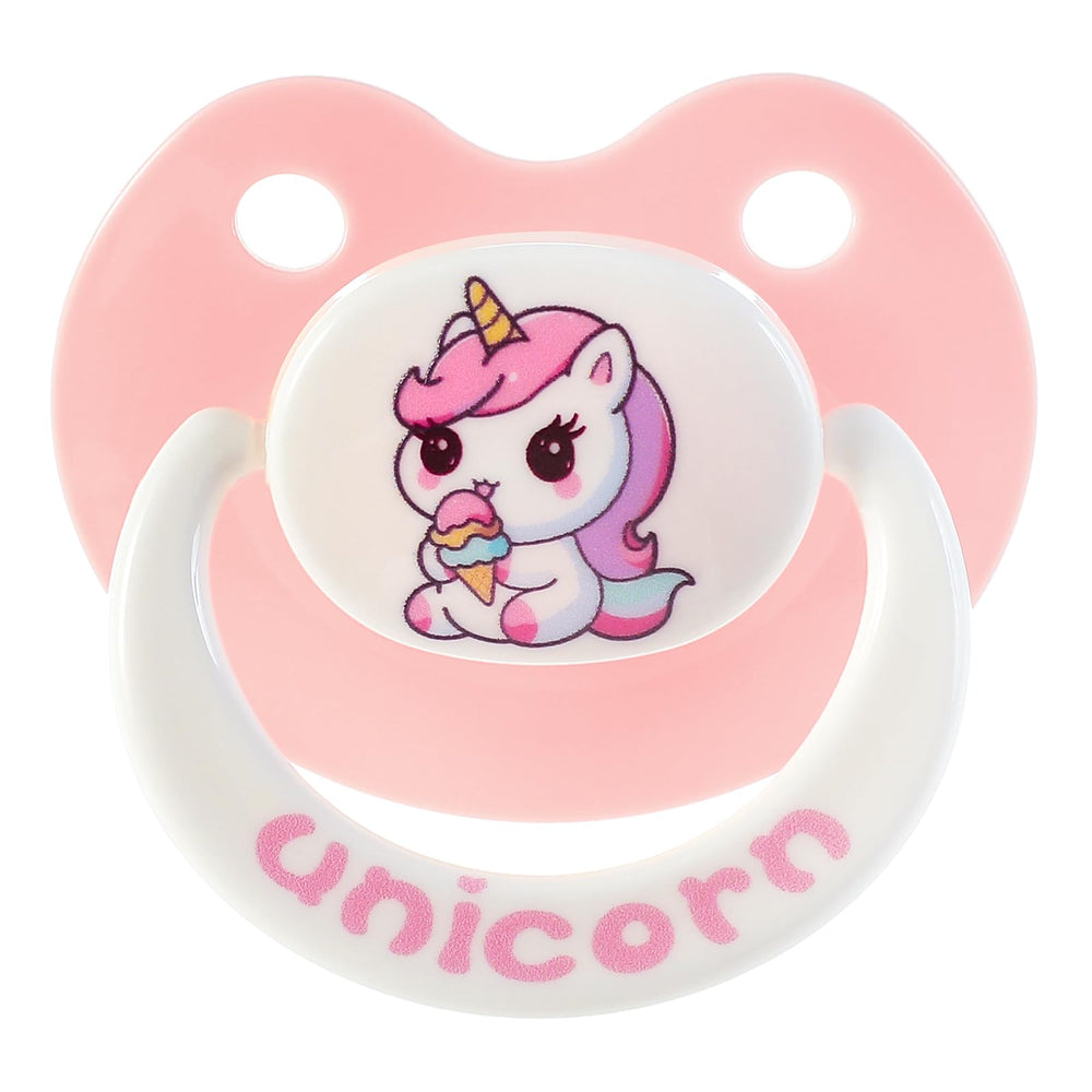 InnocenceIsle unicorn paci front view with large silicone nipple for calming comfort