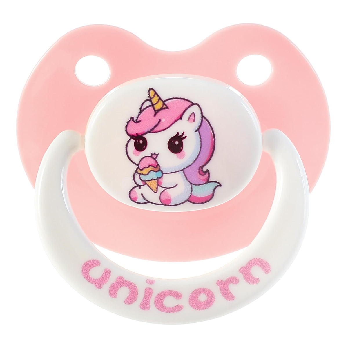 InnocenceIsle unicorn paci front view with large silicone nipple for calming comfort