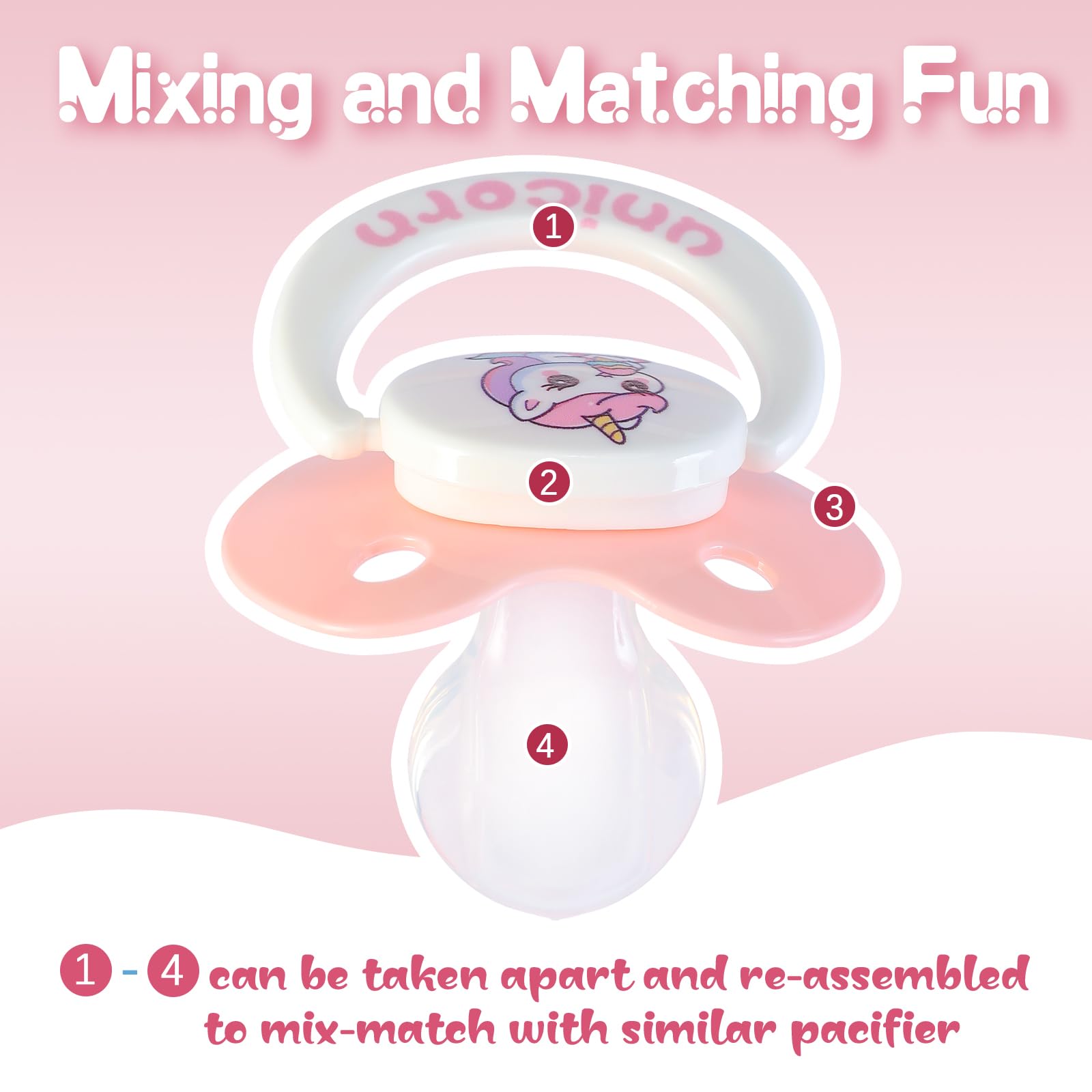 InnocenceIsle unicorn paci pink and white design adds whimsical appeal
