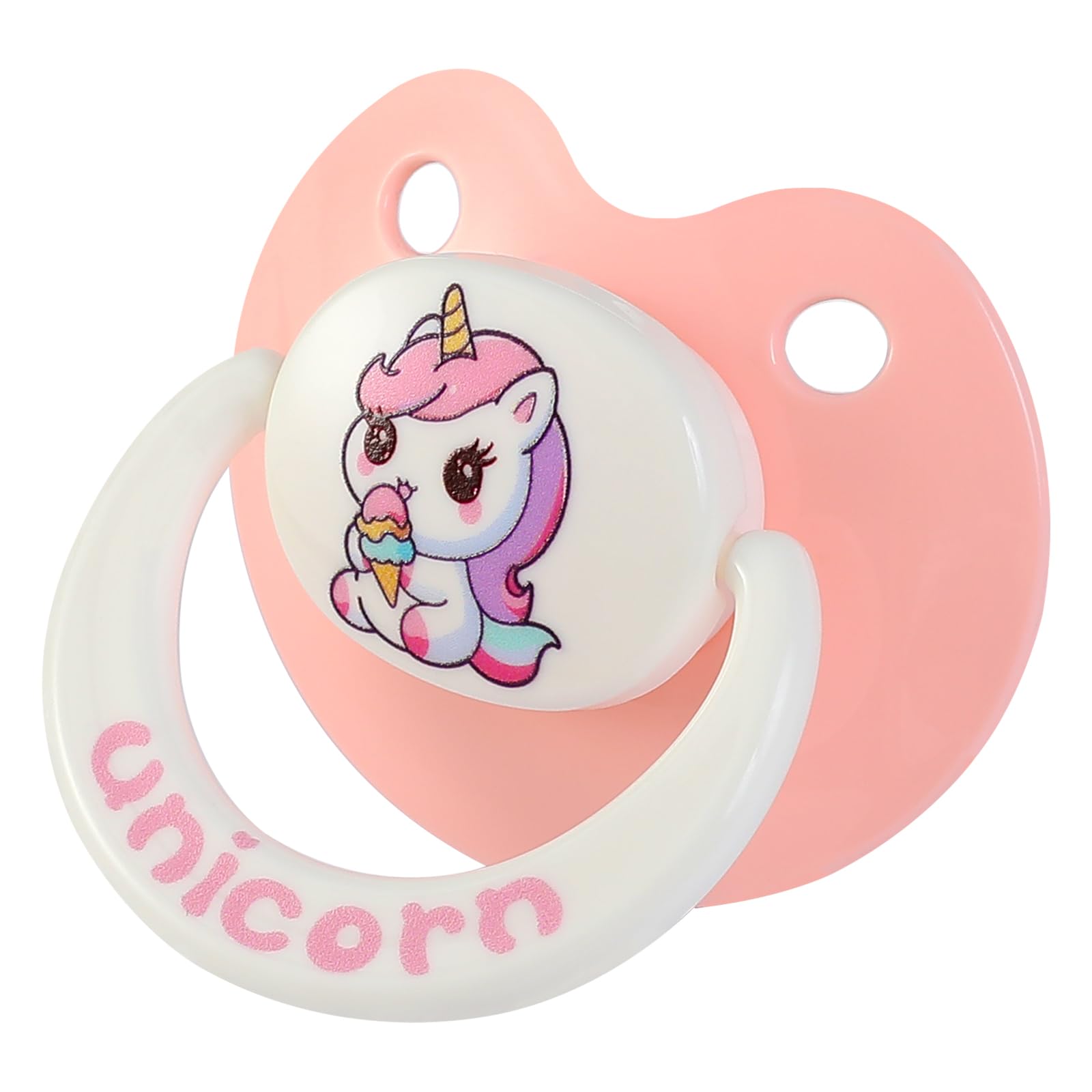InnocenceIsle unicorn paci side view shows ventilation holes for easy breathing