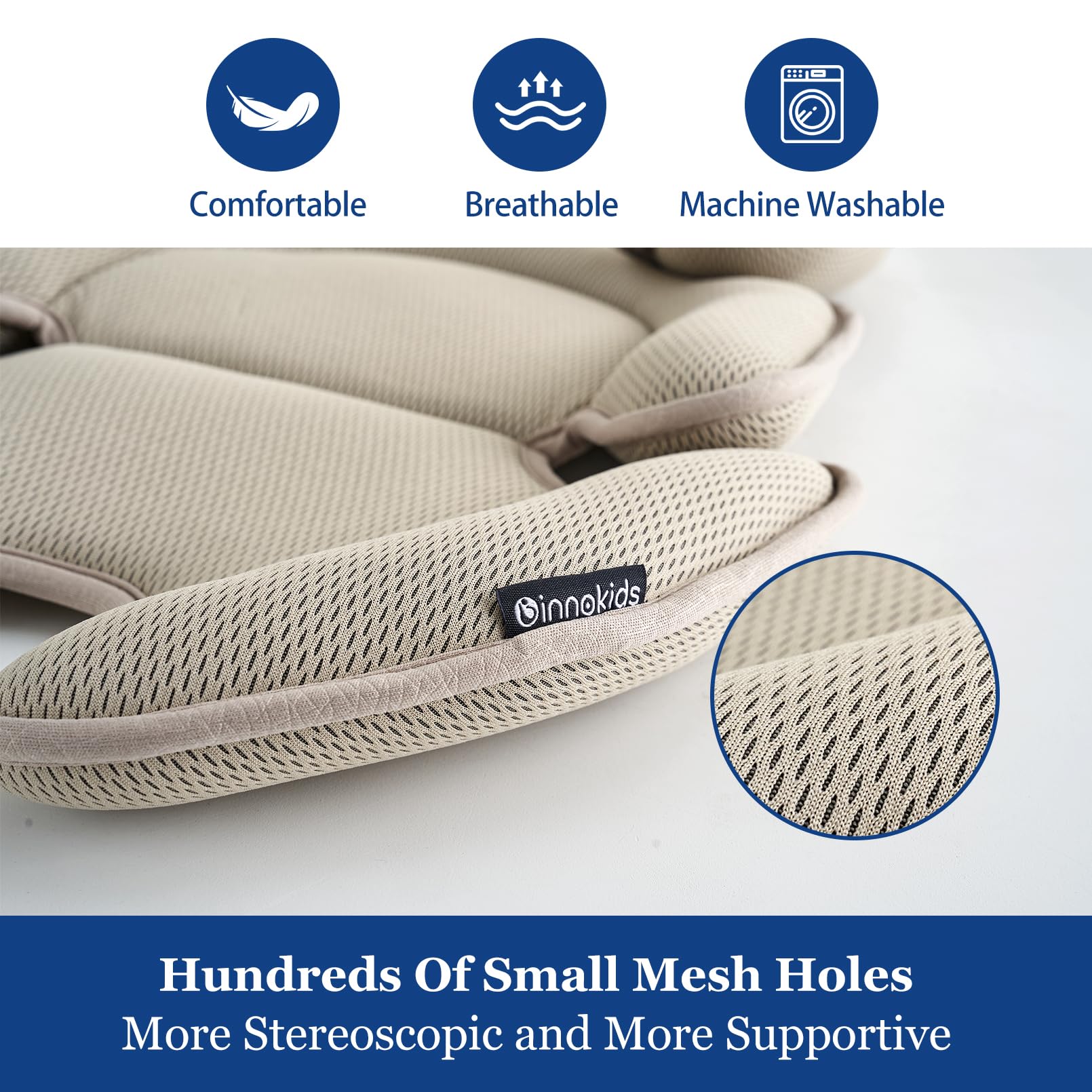 Innokids arc-cutout design beige car seat insert supports baby's head safely.