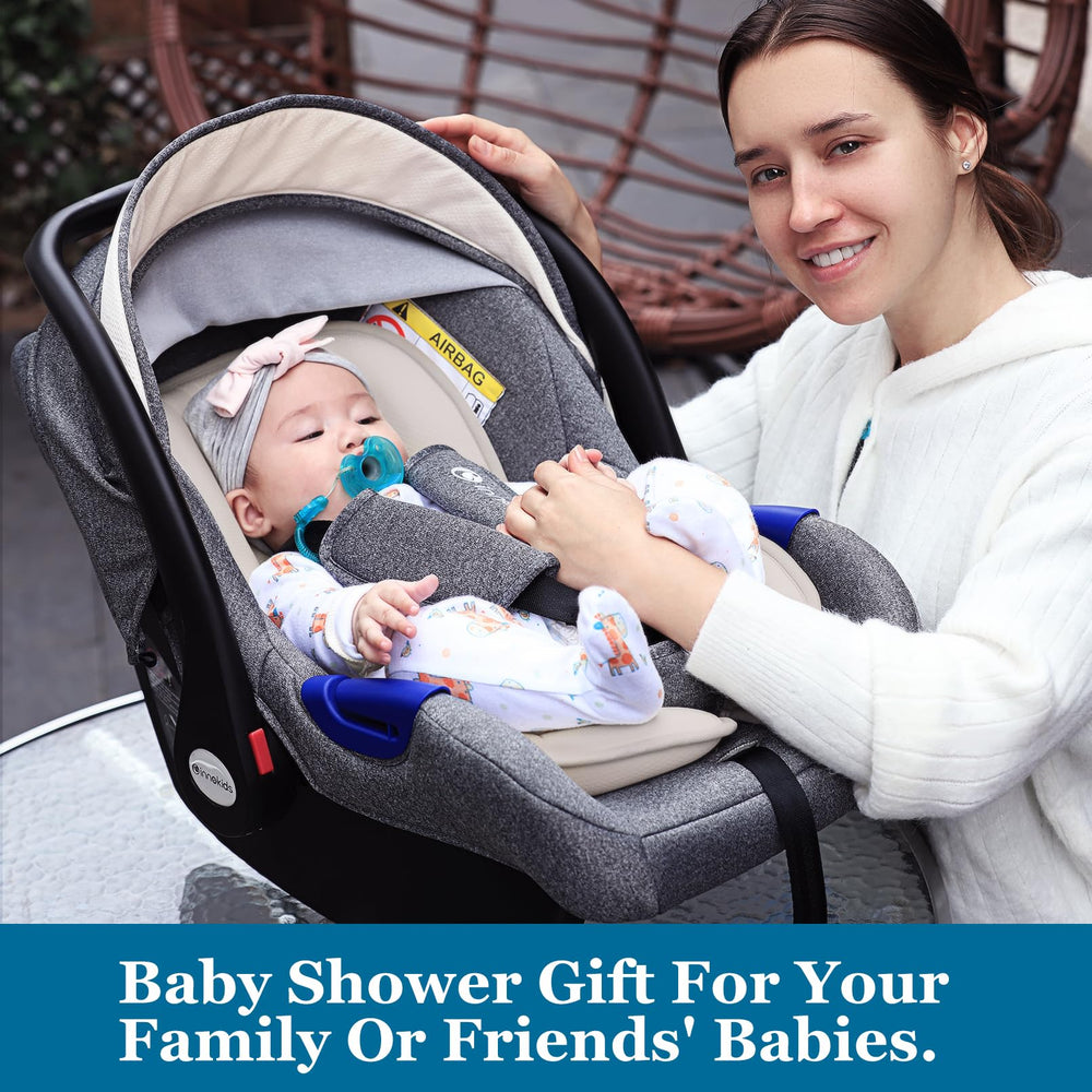 Innokids easy-installation beige pillow fits car seats and strollers.