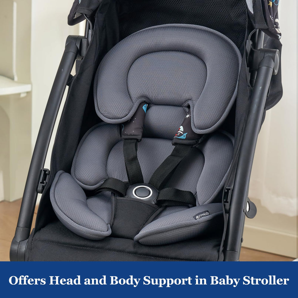 Innokids grey cushion adds calm, stylish travel-ready support.