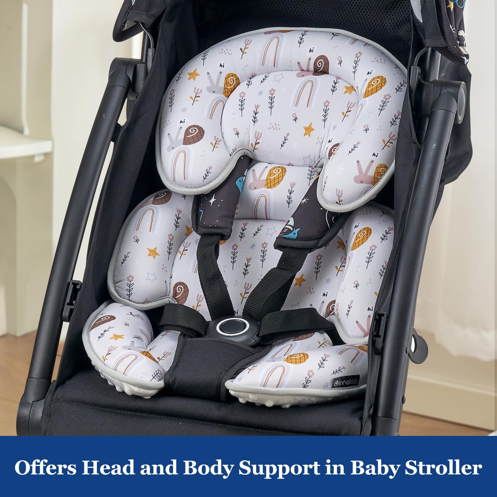 Innokids snail multi-function pillow installs quickly in car seats, strollers, swings