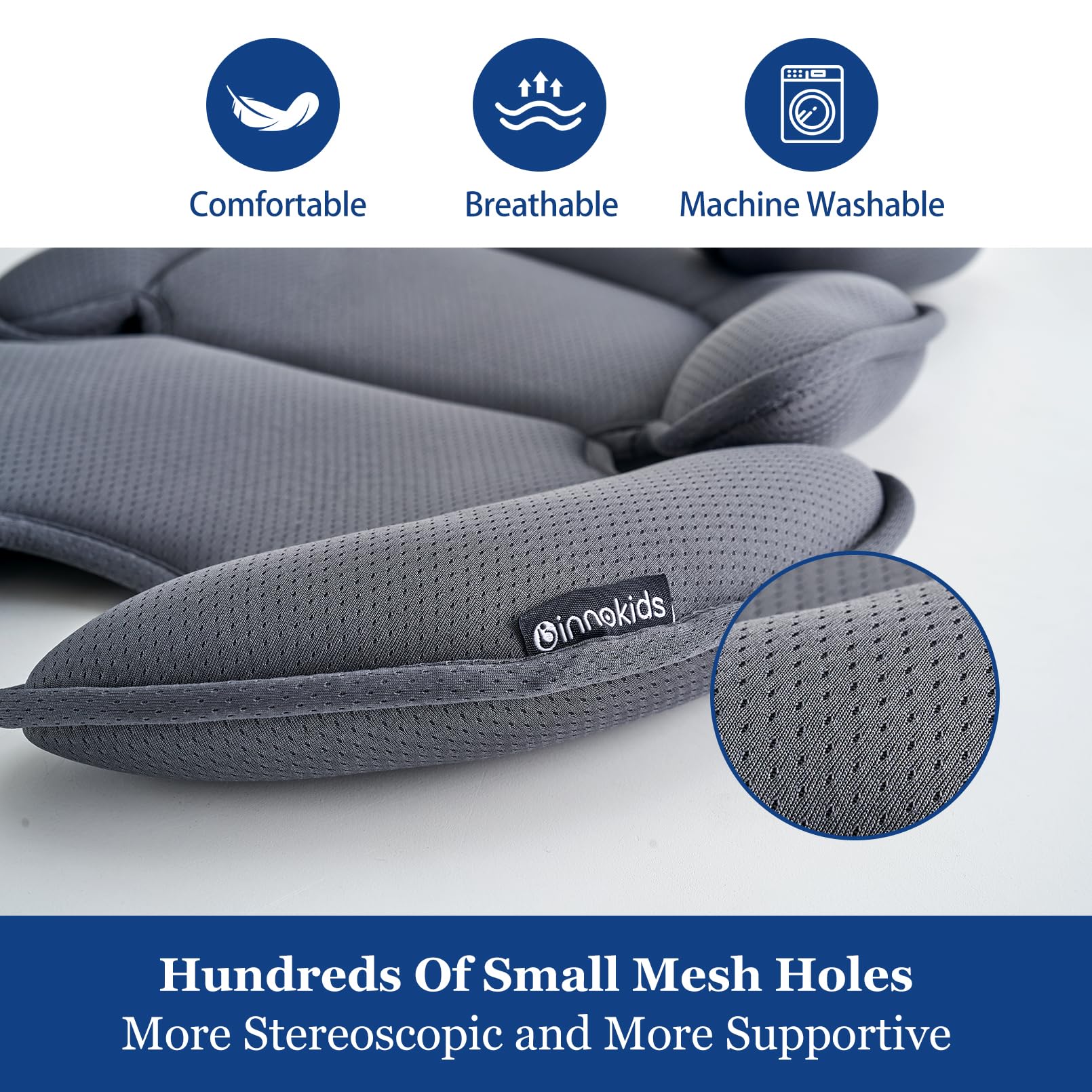 Innokids soft cotton cover with breathable filling keeps baby comfy year-round.