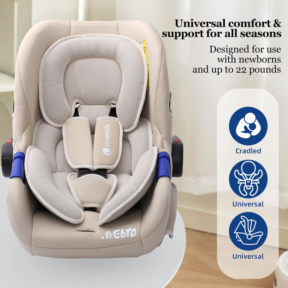 Innokids soft-padding head support in beige cushions neck and shoulders.
