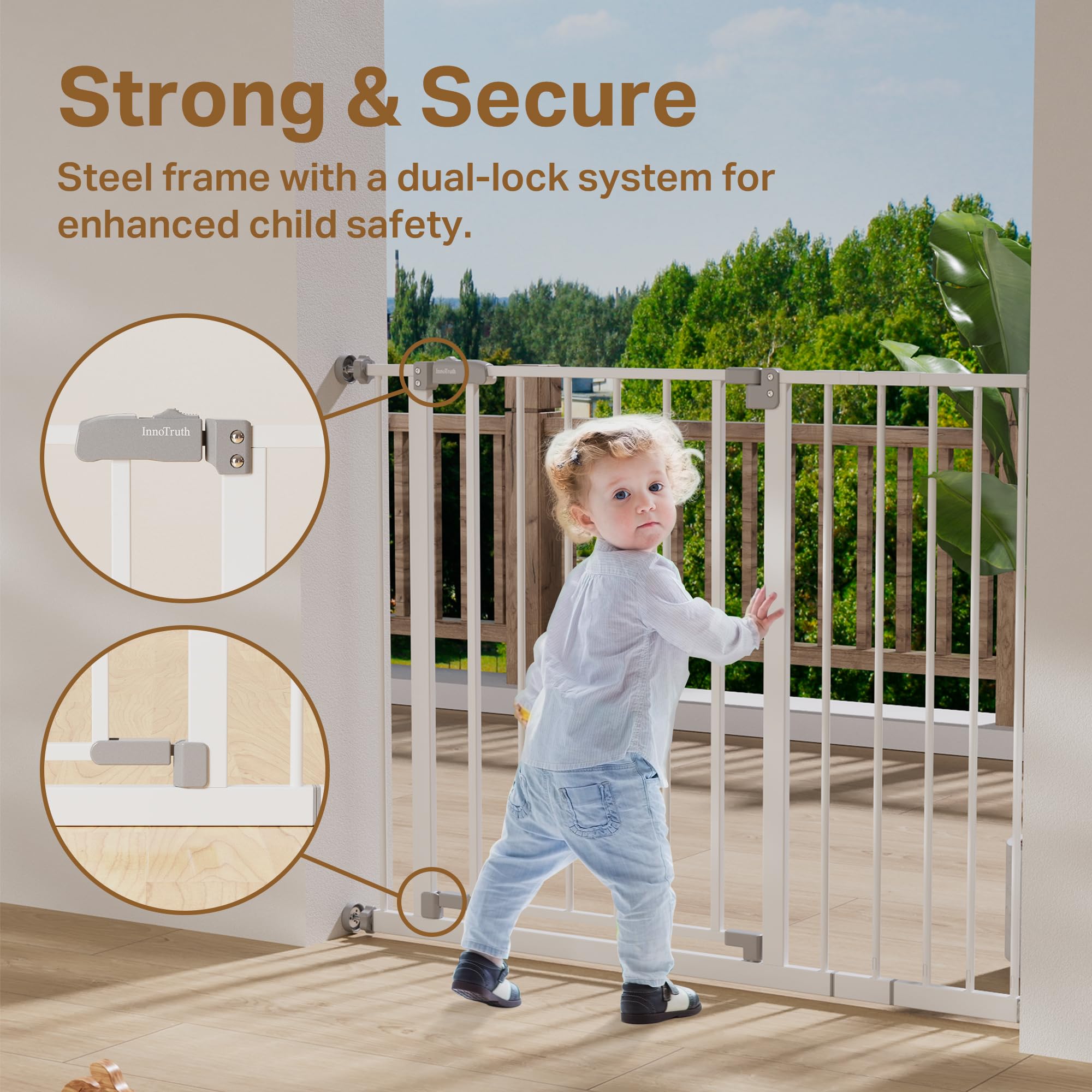 InnoTruth baby gate one-hand use for easy operation while carrying a child.
