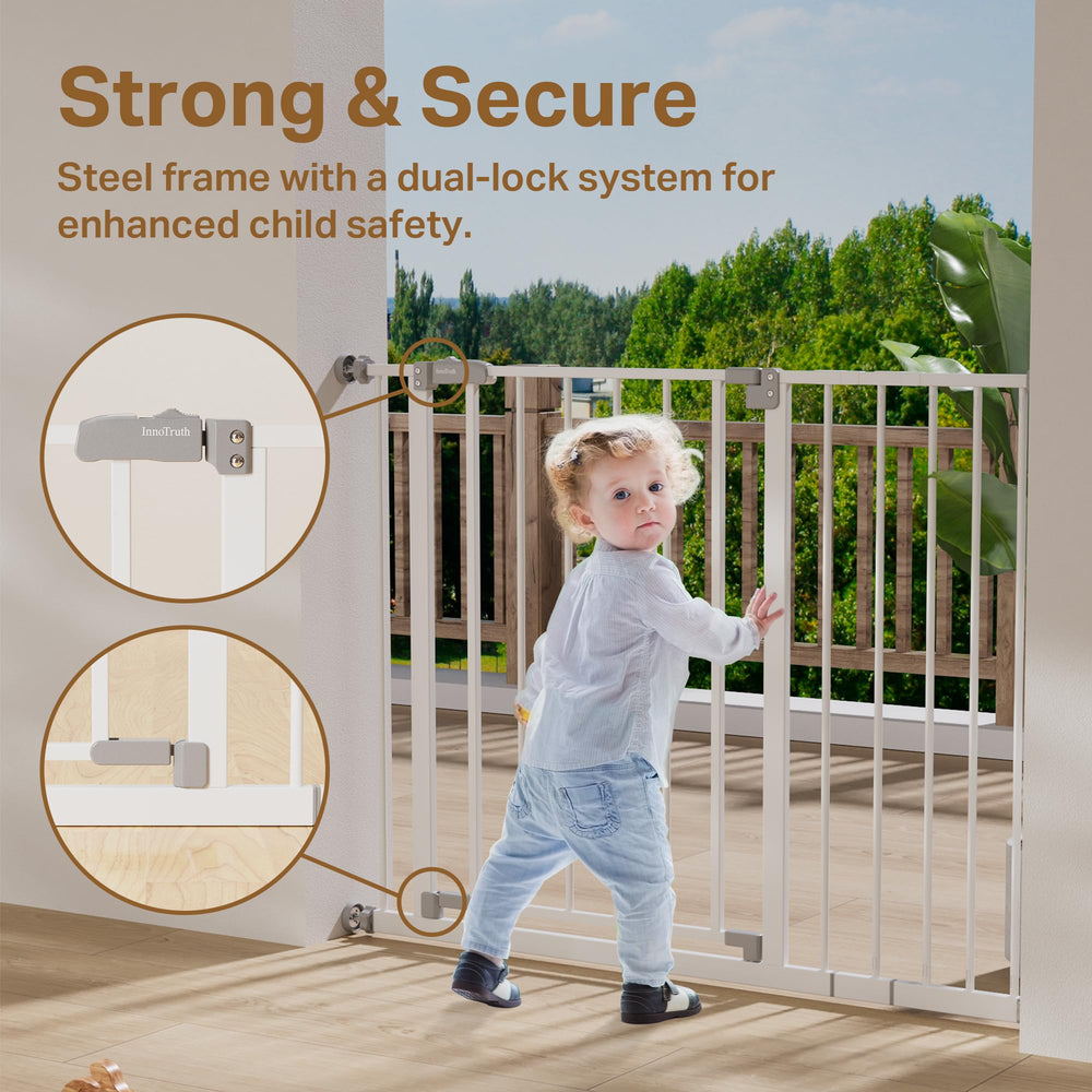 InnoTruth baby gate one-hand use for easy operation while carrying a child.