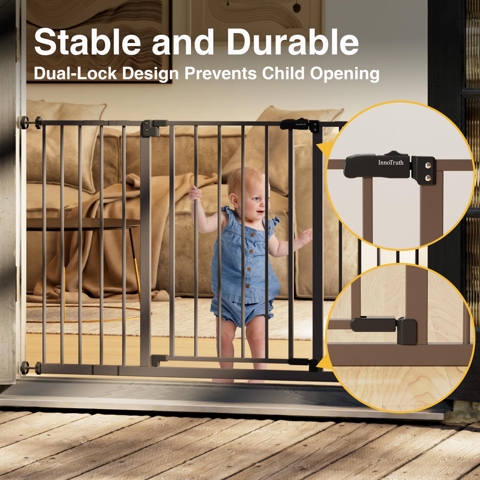 InnoTruth baby gate pressure-mounted installation highlights tool-free setup in minutes.
