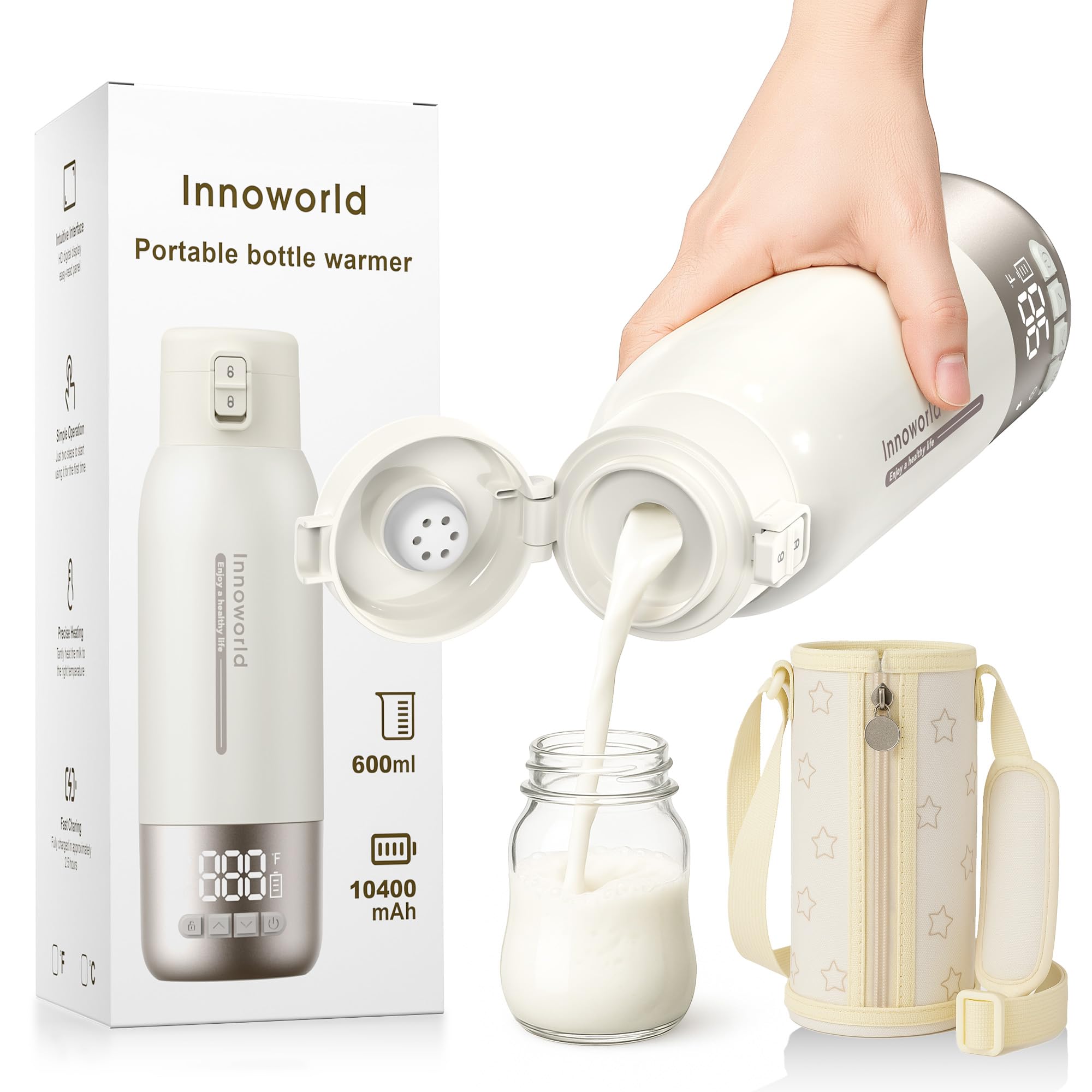 Innoworld portable bottle warmer front view showing compact design for travel convenience